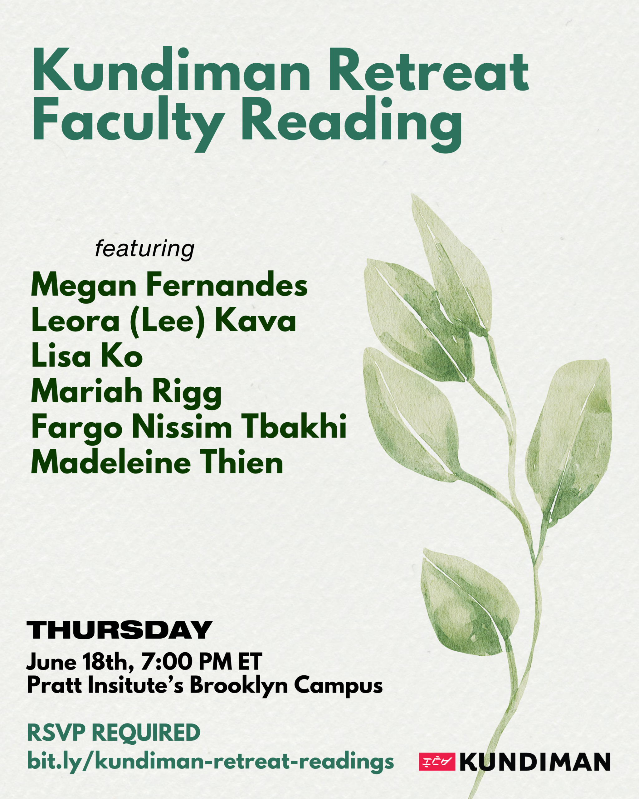 Kundiman Retreat Faculty Reading ft. Megan Fernandes, Leora (Lee) Kava, Lisa Ko, Mariah Rigg, Fargo Nissim Tbakhi, and Madeleine Thien