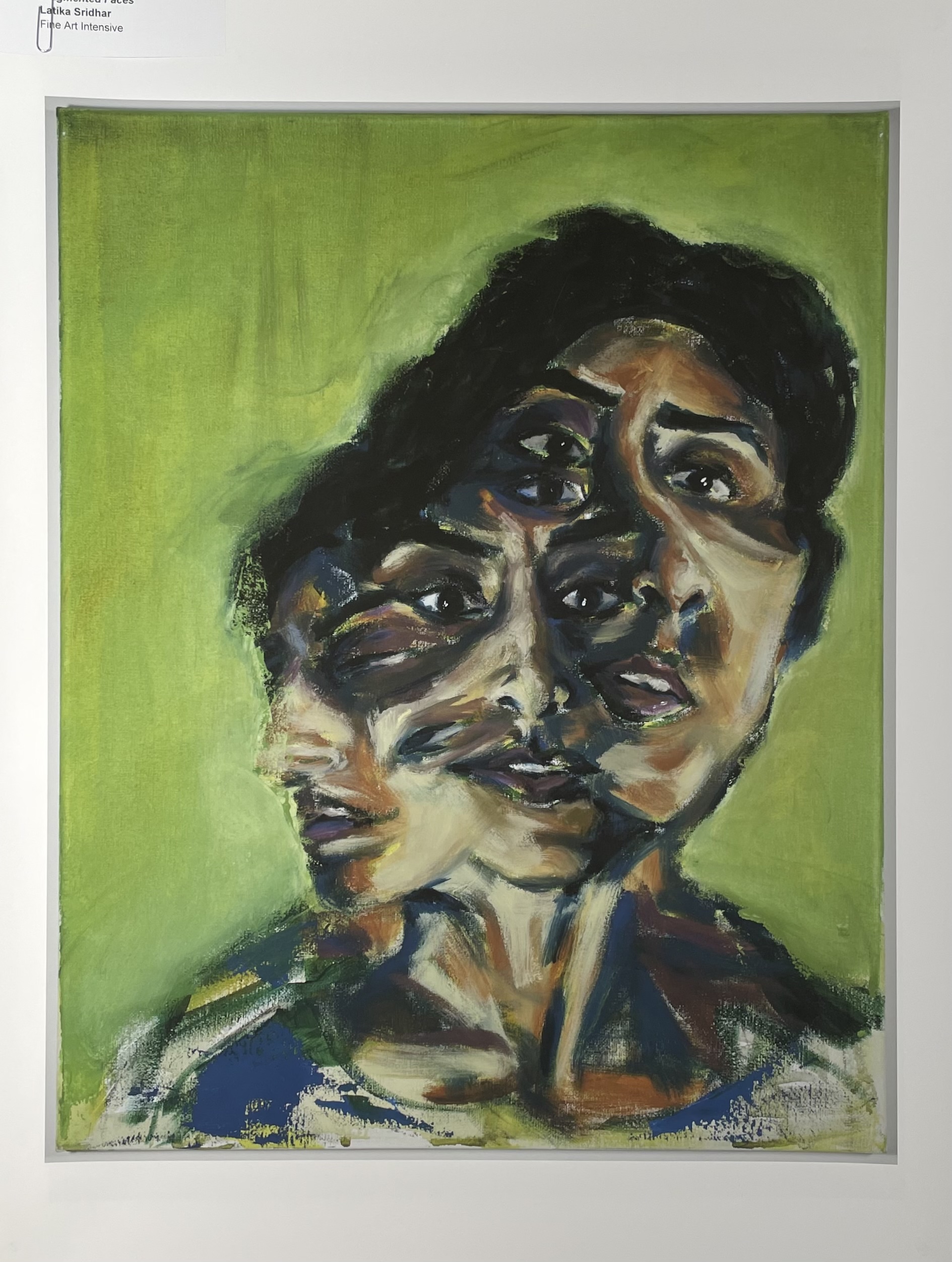 A vivid, abstract portrait of a person featuring multiple overlapping faces, each displaying different expressions. The background is a bright green, contrasting with the darker tones of the figure. The portrait conveys an emotional complexity through the use of bold brushstrokes and colors, emphasizing the intensity of the subject's gaze and features.