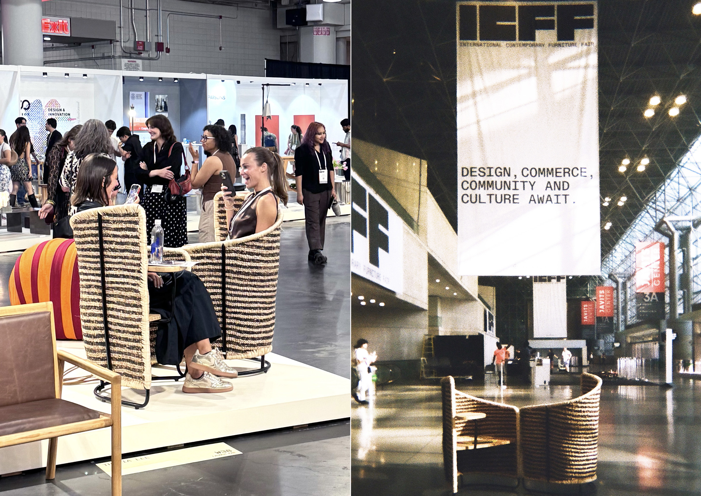 Two images side by side featuring an event space. On the left, a group of people engages in conversation around a unique chair setup, with vibrant colored seating and displays in the background. On the right, a large banner hangs in a spacious venue, reading "DESIGN, COMMERCE, COMMUNITY AND CULTURE AWAIT," featuring modern architecture and furniture displays. The setting suggests an environment focused on design and community engagement.