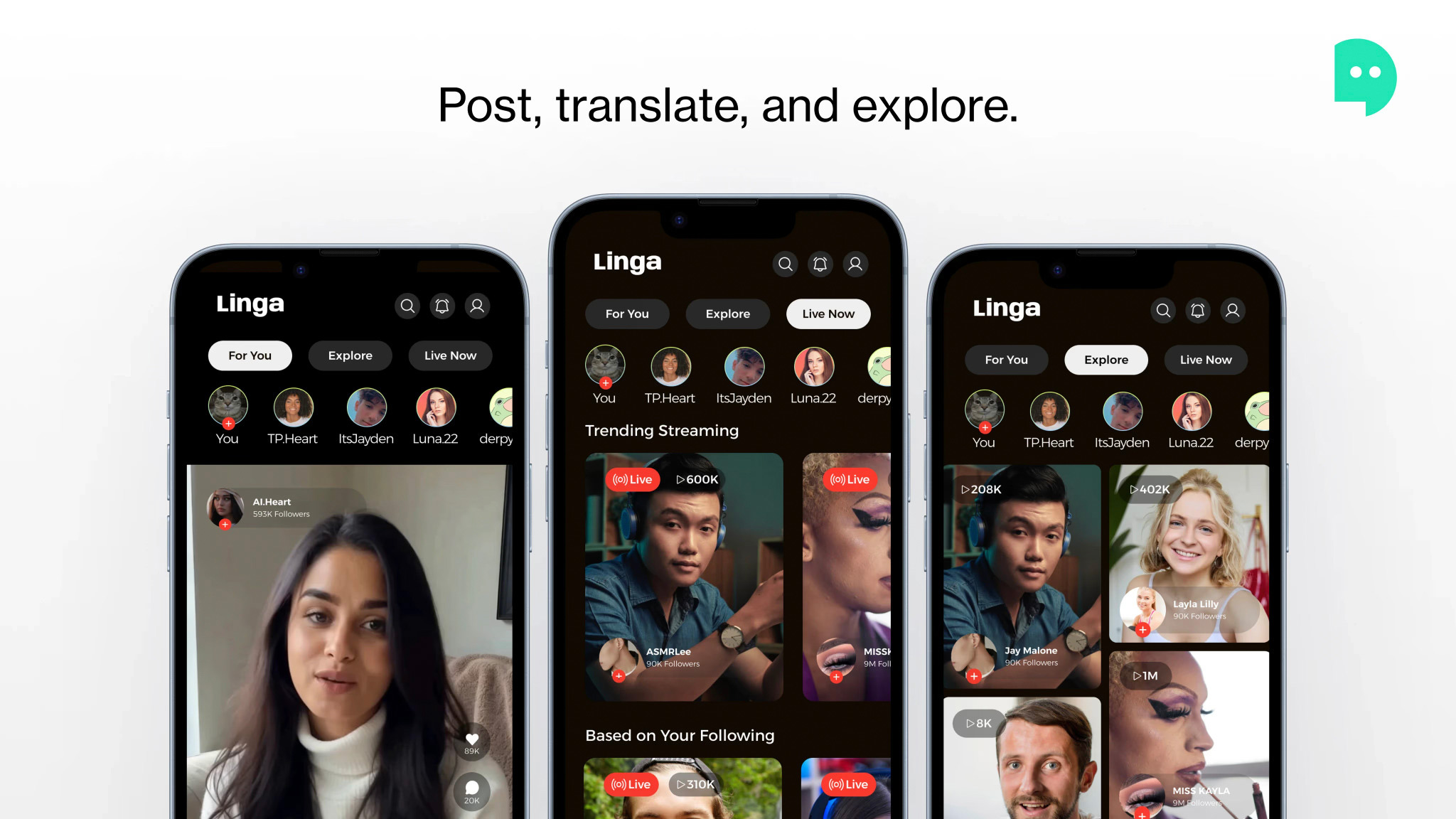 Three smartphones displaying the Linga app interface. The first screen shows a live video of a woman and follower count, the second features a trending streaming section with a male presenter and images of other creators, each with follower counts, while the third highlights content based on user following. The app emphasizes posting, translating, and exploring. The color scheme is dark with prominent buttons for navigation.