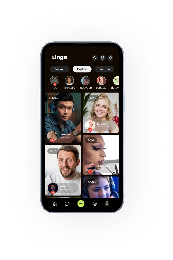 A smartphone displaying an app called "Linga." The screen features a dark background with sections labeled "For You," "Explore," and "Live Now." Various user profiles are shown, each with follower counts. The layout includes circular profile pictures at the top and several rectangular video thumbnails below, showcasing different users. The lower part of the screen features navigation icons, including a home icon, a plus sign, and a globe icon.