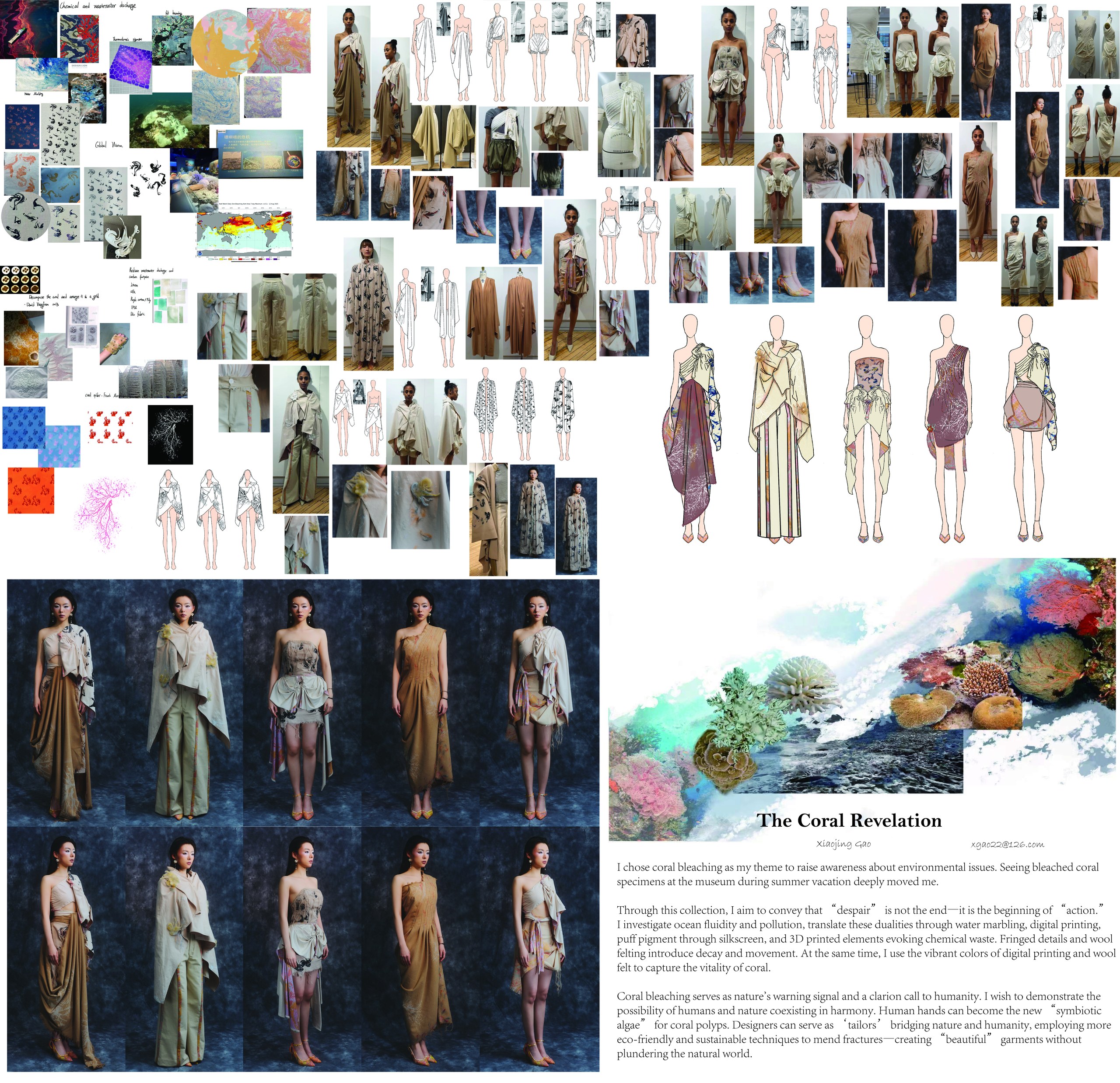 A collage of various artistic designs and illustrations featuring fabric patterns, sketches of outfits, models wearing garments, and themes related to coral bleaching. The bottom section displays six models posing in a series of stylish outfits with flowing drapes, while the right side includes text titled "The Coral Revelation," discussing environmental issues related to coral bleaching and exploring themes of action and humanity's relationship with nature.