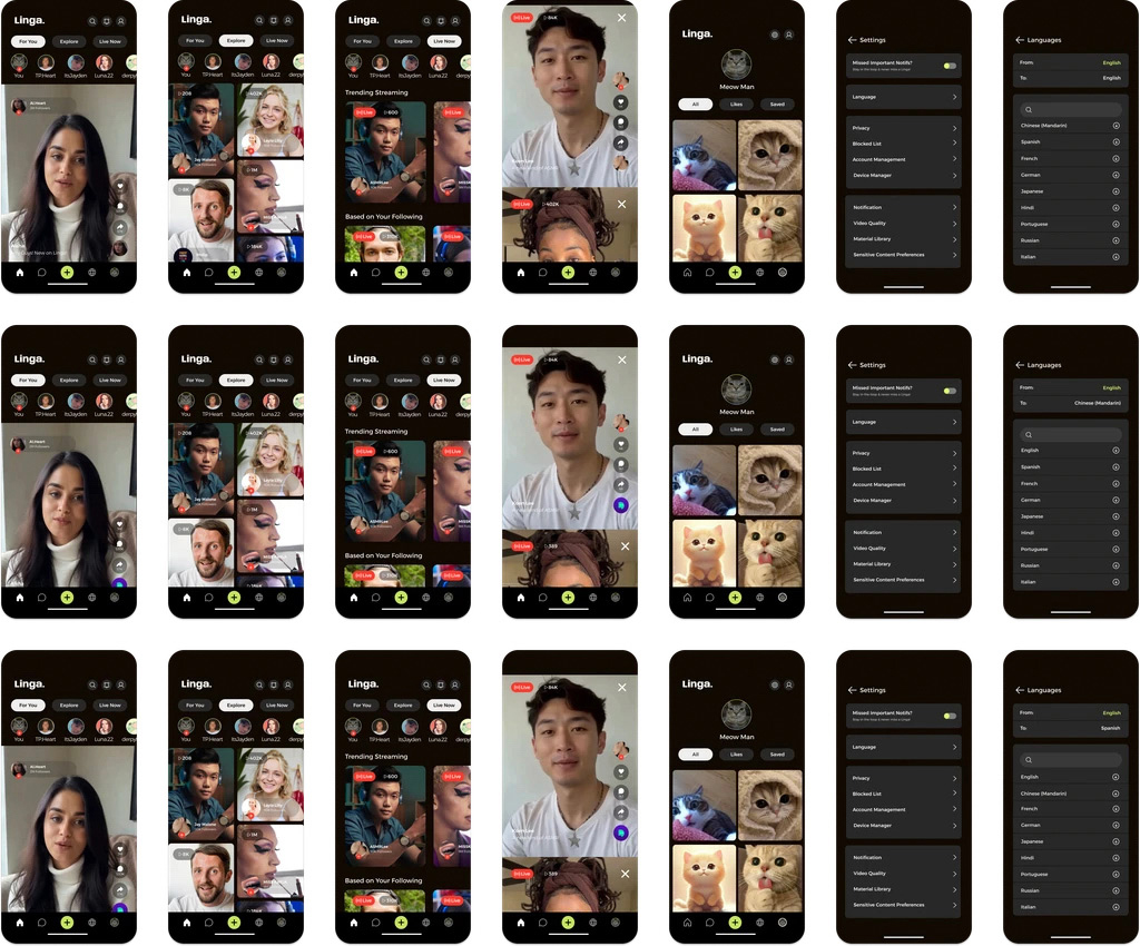 A grid of smartphone screens displays an app interface called "Linga." Each screen shows various features including video calls with different individuals, trending streams, and options for language settings. Some screens feature images of cats. The interface includes sections for exploring content, managing settings, and selecting languages like English and Spanish. The design is dark-themed, emphasizing user interactions and content discovery.