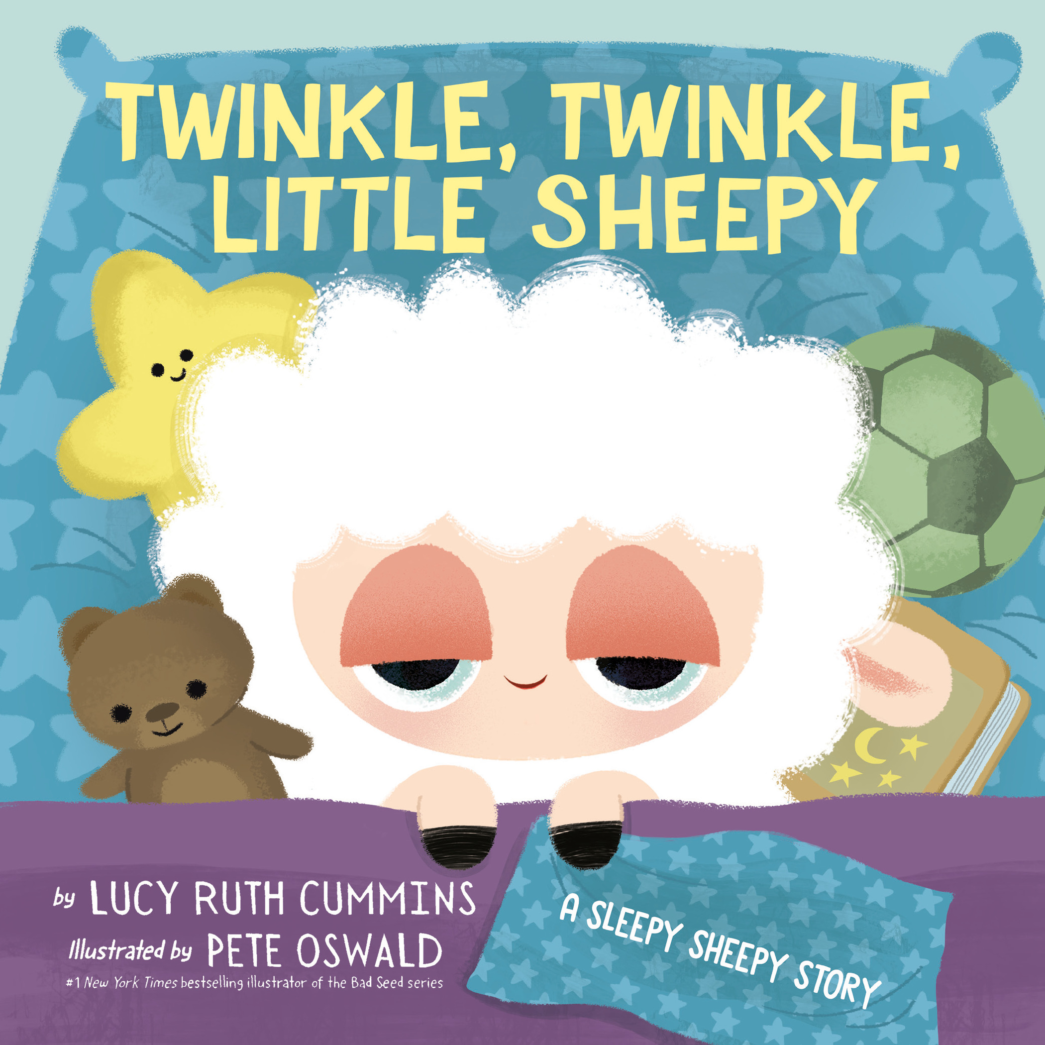 Book cover of Twinkle, Twinkle, Little Sheepy: A Sleepy Sheepy Story by Lucy Ruth Cummins, illustrated by Pete Oswald. A sheep with heavy eyelids and a small smile settles into bed, surrounded by toys.