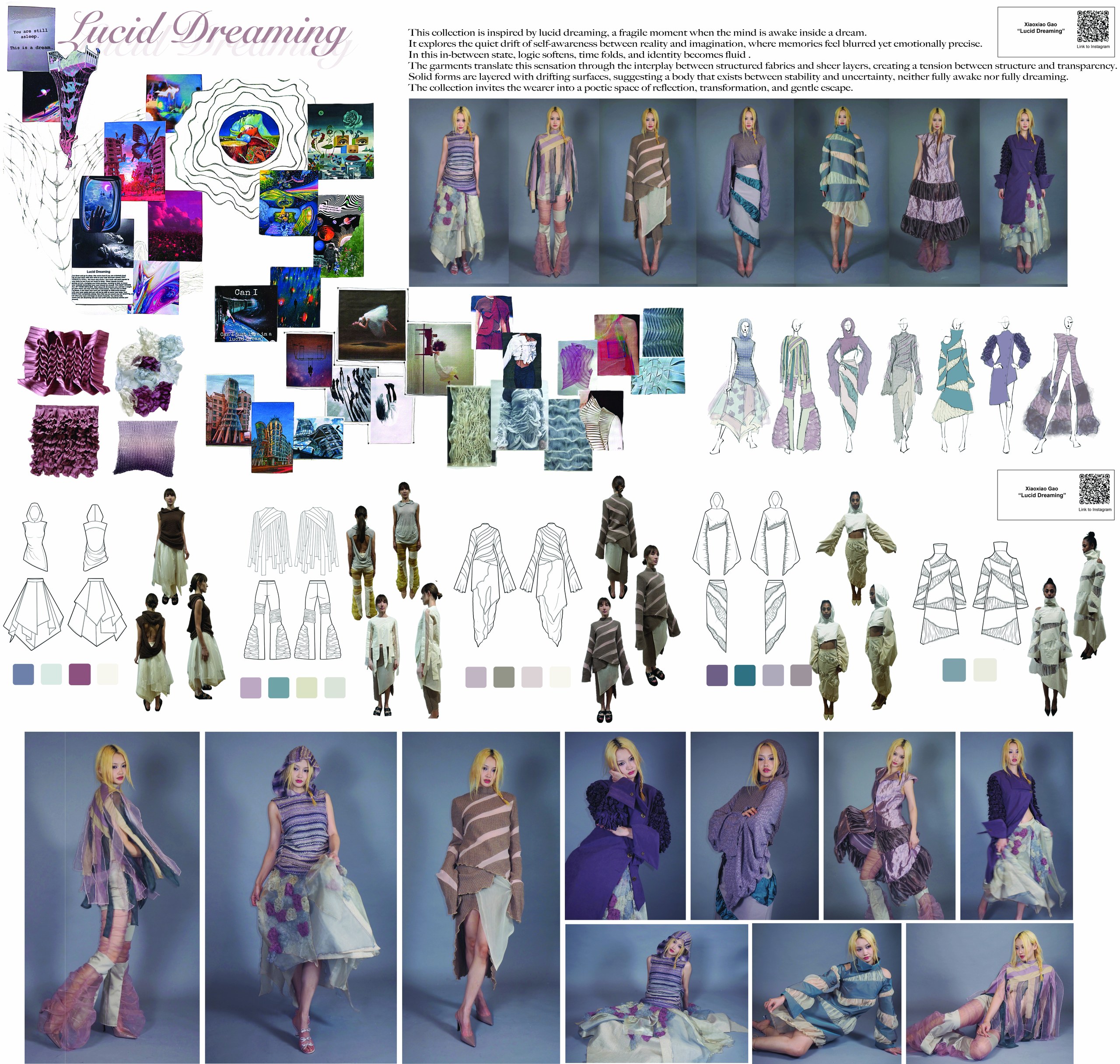 An illustrated fashion collection titled "Lucid Dreaming" explores the theme of the dream state and its blurred boundaries between reality and imagination. The collage includes sketches, fabric swatches, and photos of models wearing layered garments, showcasing textures and colors ranging from purples to soft pastels. The designs emphasize transparency and the interplay between structure and fluidity, inviting the wearer into an ethereal experience reflecting transformation and introspection.