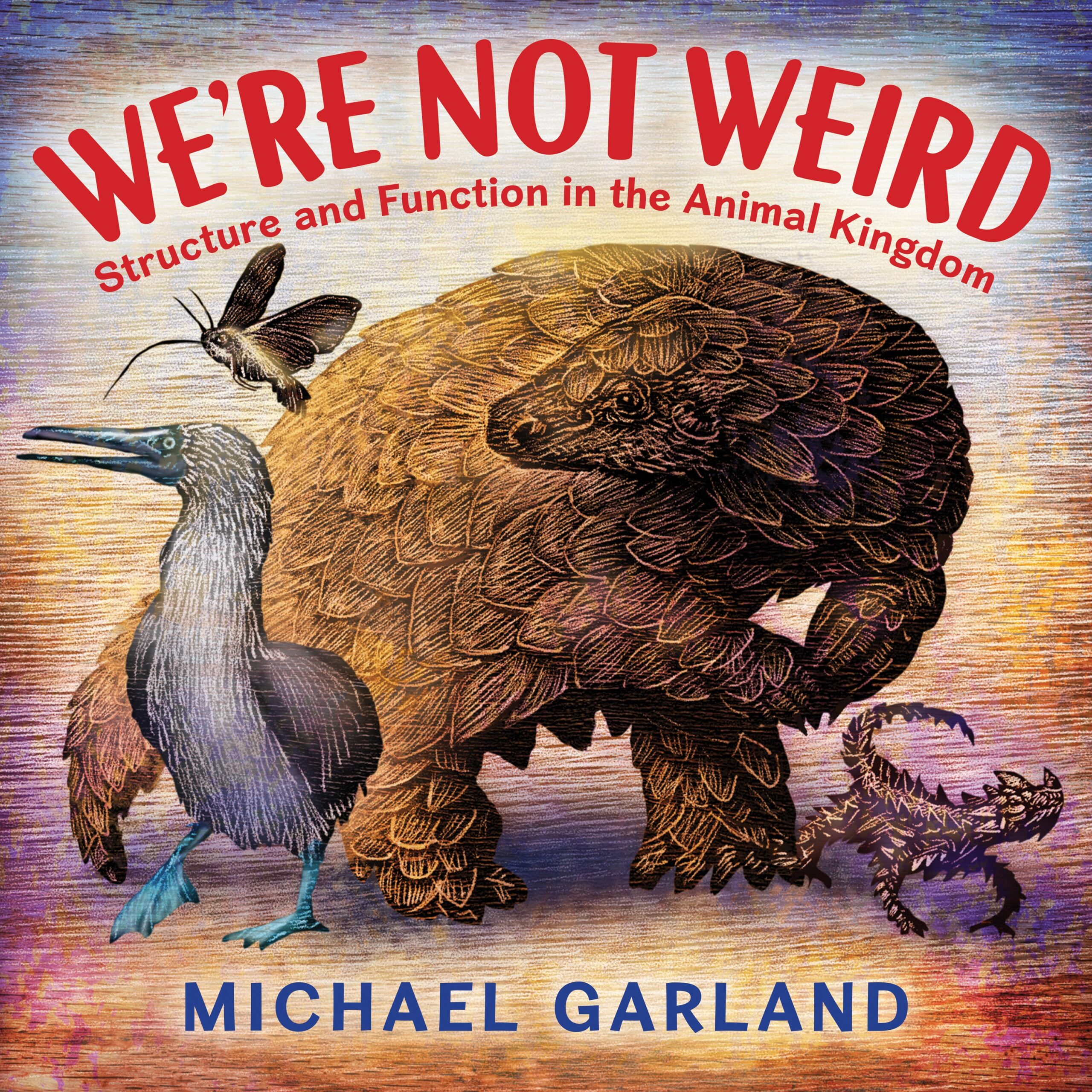 Book cover of We’re Not Weird: Structure and Function in the Animal Kingdom by Michael Garland features an illustration of a pangolin, a blue-footed booby, a moth with a long proboscis, and a horned lizard.