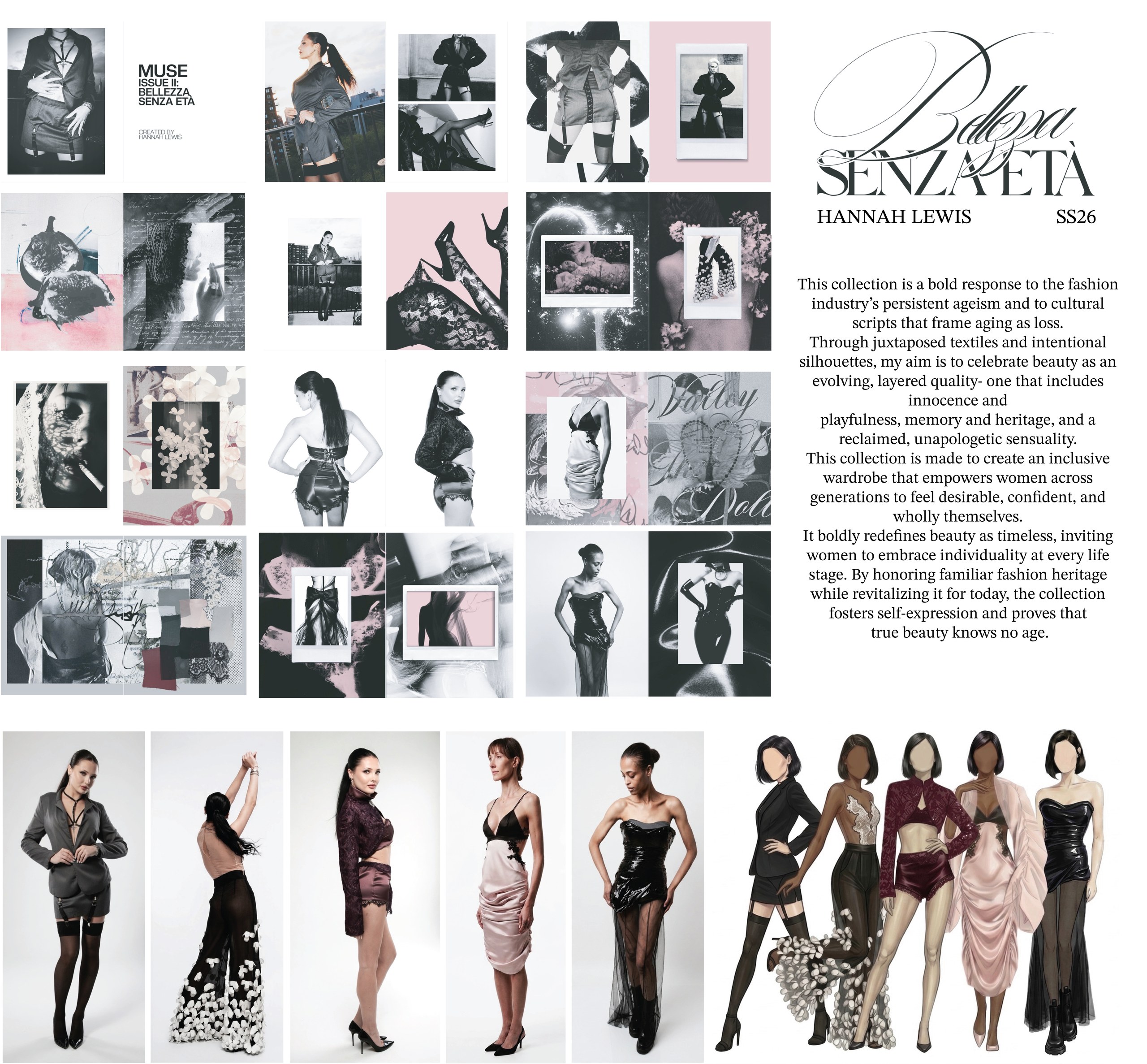 A fashion design presentation featuring the collection "Balleta Senza Eta" by Hannah Lewis for SS26. The layout includes a mix of artistic sketches, styled outfits, and bold text describing the collection's themes around beauty, individuality, and empowerment for women across generations. The visual elements showcase a range of textures, silhouettes, and femininity, highlighting clothing that invites self-expression and confidence. The color palette includes soft pinks, blacks, and whites.