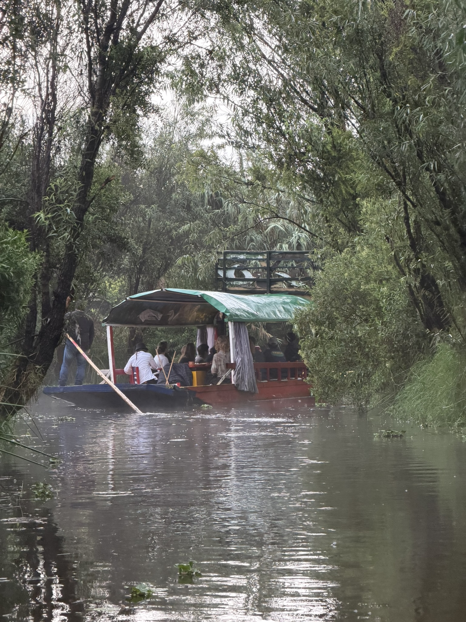 A traditional boat navigates a misty, narrow waterway surrounded by lush greenery. Several people are seated under a green tent on the boat, while another person rows with a pole. The calm water reflects the trees and the boat, creating a serene atmosphere.