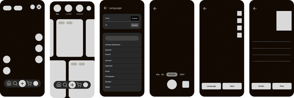 A series of five mobile app interface screens with a dark background. The first screen features icons for home, cart, and settings. The second screen displays user profiles. The third screen shows a language selection menu with options including Chinese (Mandarin), Spanish, French, German, Japanese, Hindi, Portuguese, Russian, and Italian. The fourth screen has buttons for navigating through photo and text options. The fifth screen includes fields for writing with buttons for "Language," "Next," "Drafts," and "Post."