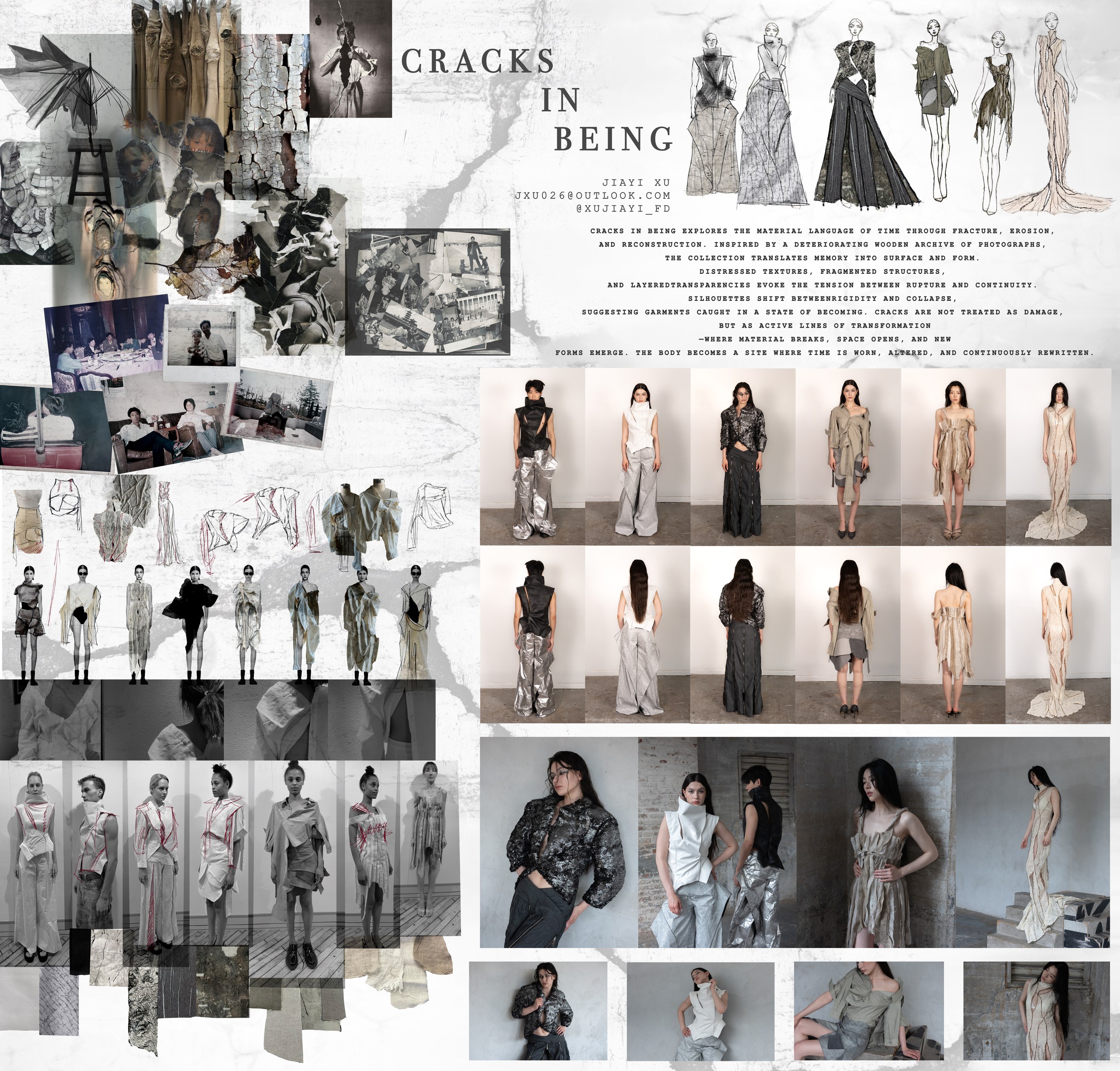 A collage showcasing various fashion designs and illustrations by Jiayi Xu, titled "Cracks in Being." The left section includes sketches, photographs, and fabric swatches, while the right section features model poses in distinct outfits, emphasizing texture and form. The designs explore themes of transformation, featuring garments that intertwine structure and fluidity. Various poses highlight the clothing's silhouette and materials, with a neutral background enhancing the visual presentation of each piece.
