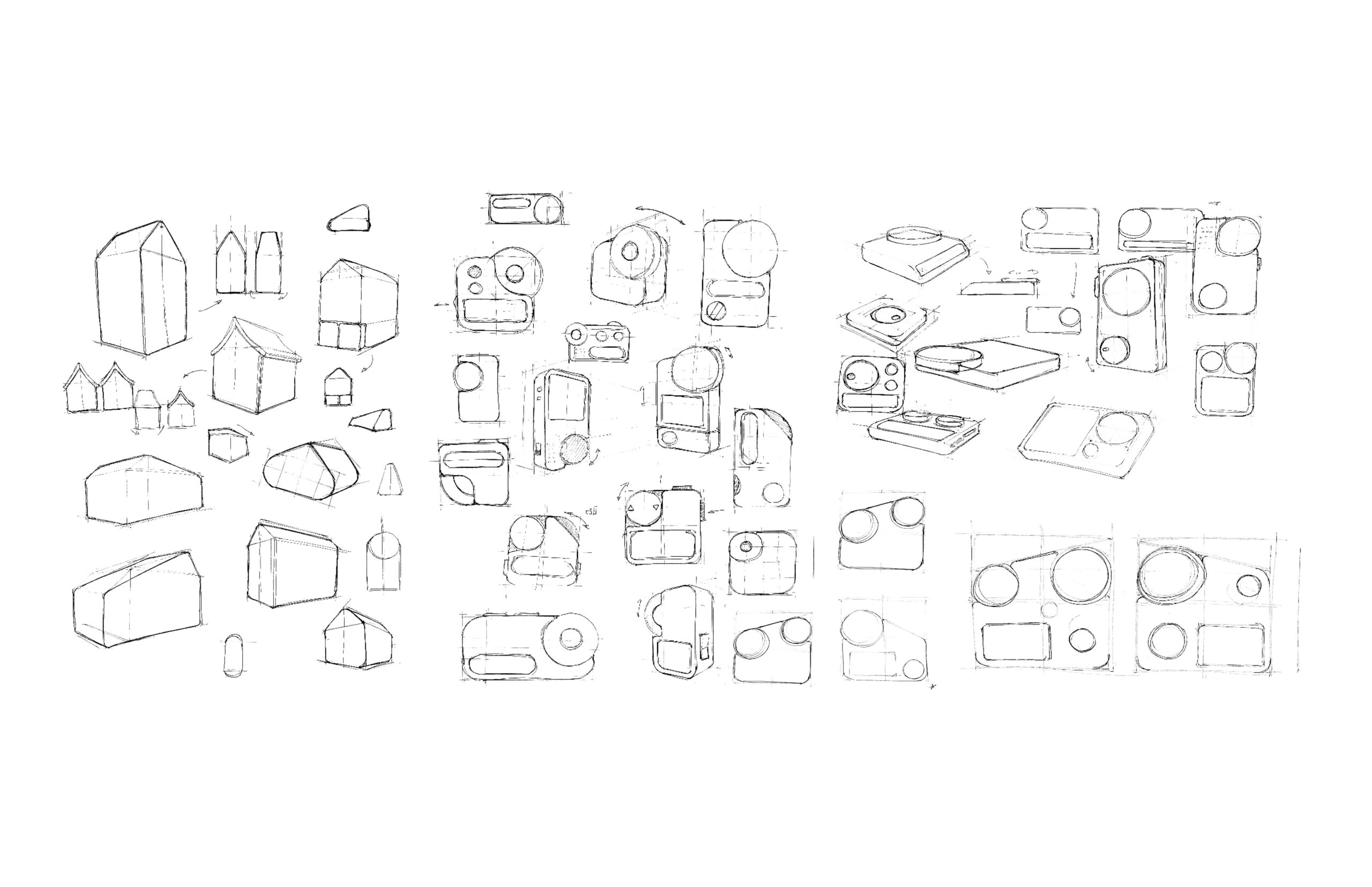 A collection of pencil sketches showcasing various geometric shapes and forms. The sketches are organized into sections, with the left side depicting stylized buildings like houses and geometric constructions, while the right side features more abstract forms resembling electronic devices and objects, including buttons and screens. The overall style is minimalist, with clean lines and no shading.