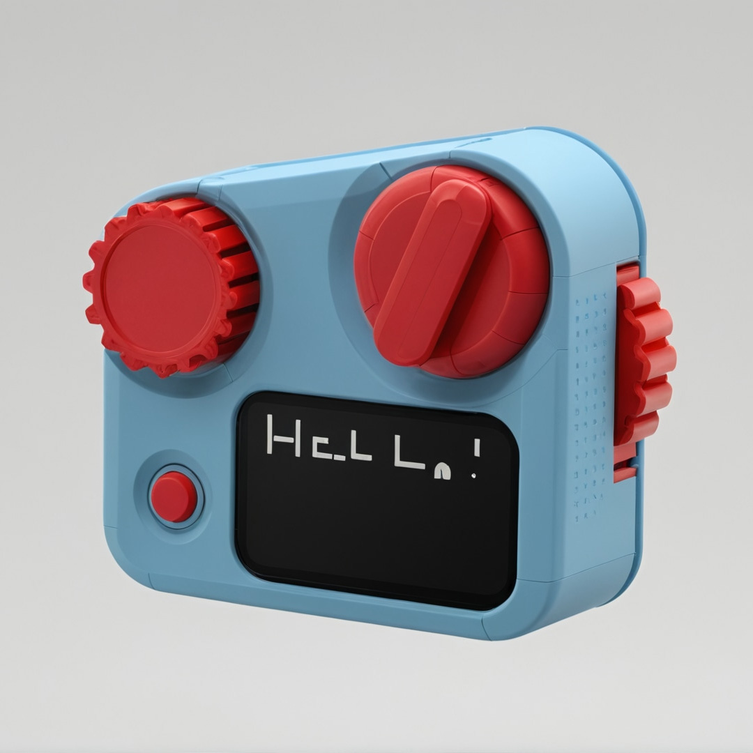 A playful, retro-style toy device features a light blue body with two prominent red knobs on top. One knob is round and textured, while the other is flat and circular. A small red button is located on the front, above a digital screen displaying the text "HeLlO!" in a blocky font. The design combines elements of vintage aesthetics with modern technology.