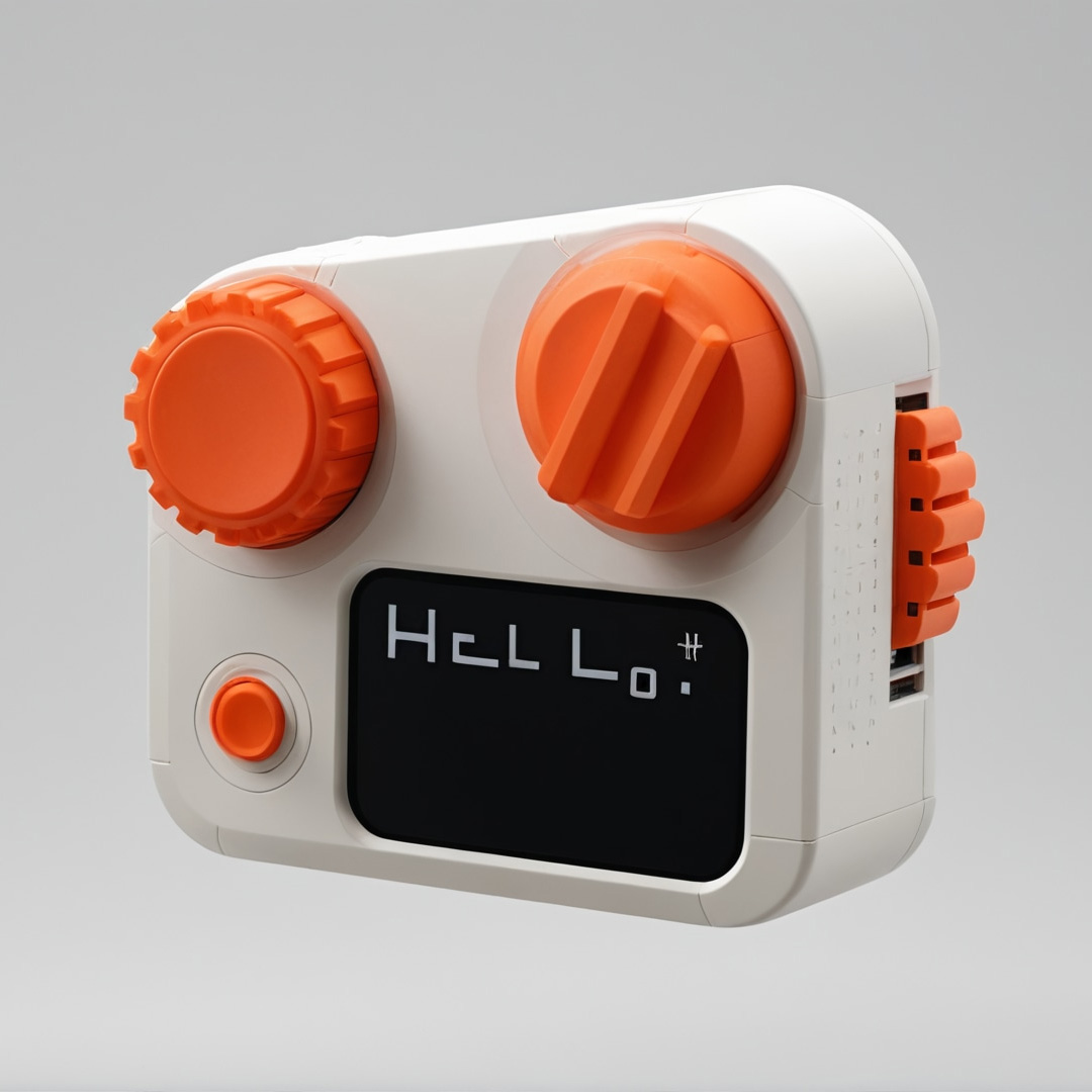 A compact electronic device with an off-white body, featuring two large orange knobs on the top. The front has a digital display that shows the text "HcLl Lo." There is also a small orange button to the left of the display and a connection port on the right side. The device has a modern, minimalist design, suspended against a neutral gray background.