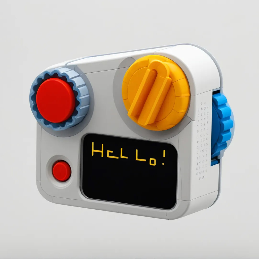 A playful, retro-styled gadget featuring a black digital display that reads "HeLl Lo!" The device has colorful knobs: a red one on the left, a yellow one on the top, and a blue one on the right. The body is primarily white, with additional buttons and a textured surface. It appears to blend classic design with a whimsical touch, possibly resembling a toy or educational tool.