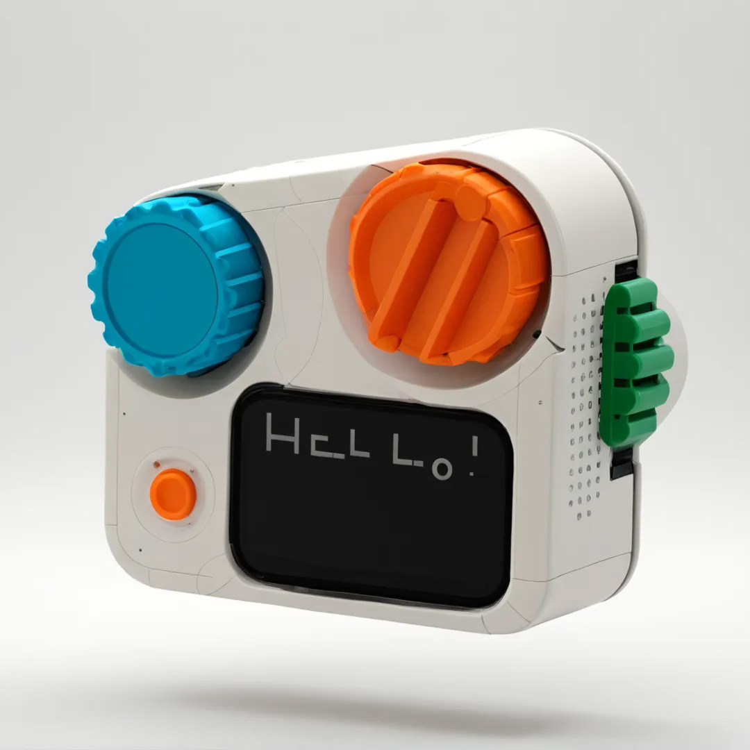 A colorful, modern electronic device with a white body features a black screen displaying "Hello!" in a playful font. It has a blue knob on the left, an orange round knob on the right, an orange button below the screen, and a green multi-grooved element on the side. The device is floating against a light gray background.