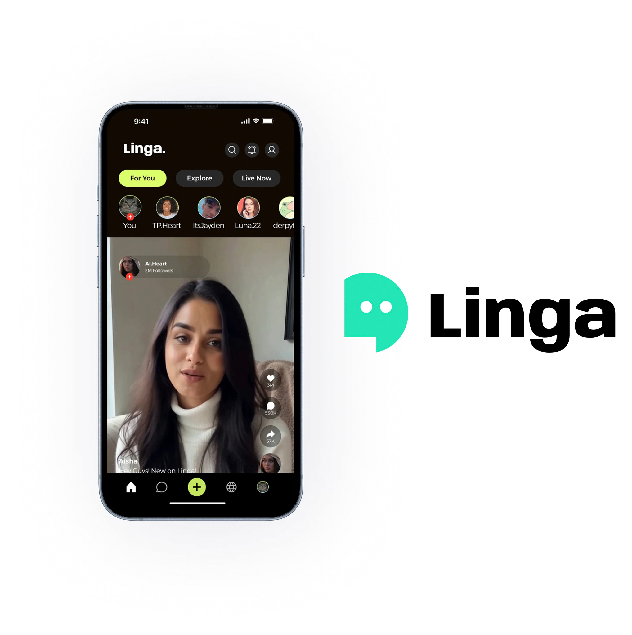 A smartphone displays the Linga app interface, showcasing a video of a woman with long brown hair and a white sweater. The app features a black background with various sections labeled "For You," "Explore," and "Live Now," along with user profile images. The Linga logo appears on the right, featuring a green chat bubble next to the text "Linga."