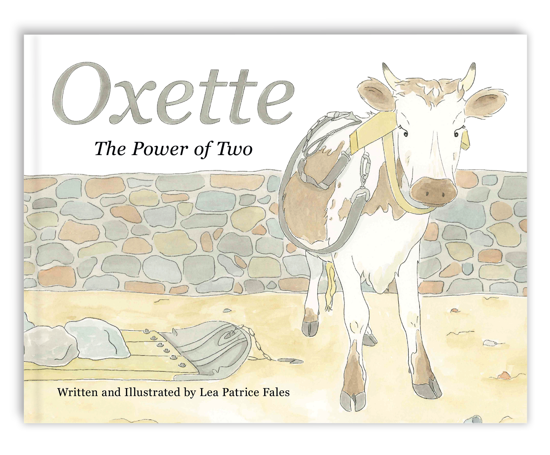 Cover of Oxette: The Power of Two by Lea Patrice Fales, feautring an illustration of a yoked cow standing in front of a stone wall.