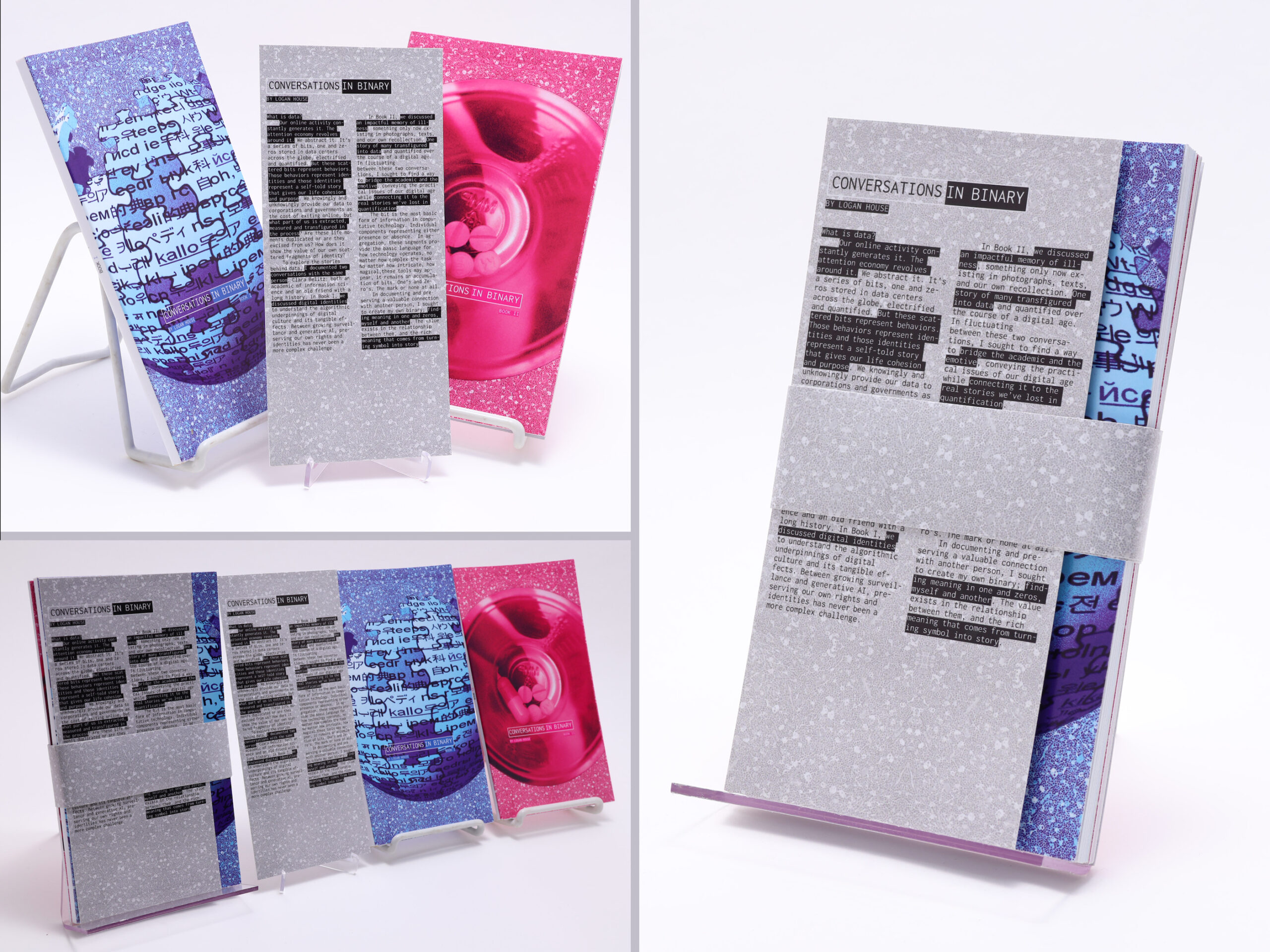 The image showcases a three-panel art book titled "Conversations in Binary." The panels feature vibrant colors and textures, with one side displaying a blue pattern with text, another side in pink with circular images, and a central grey panel with printed text. The book is propped up on a stand, highlighting its glossy finish and dynamic design. The content seems to explore themes related to communication and representation.