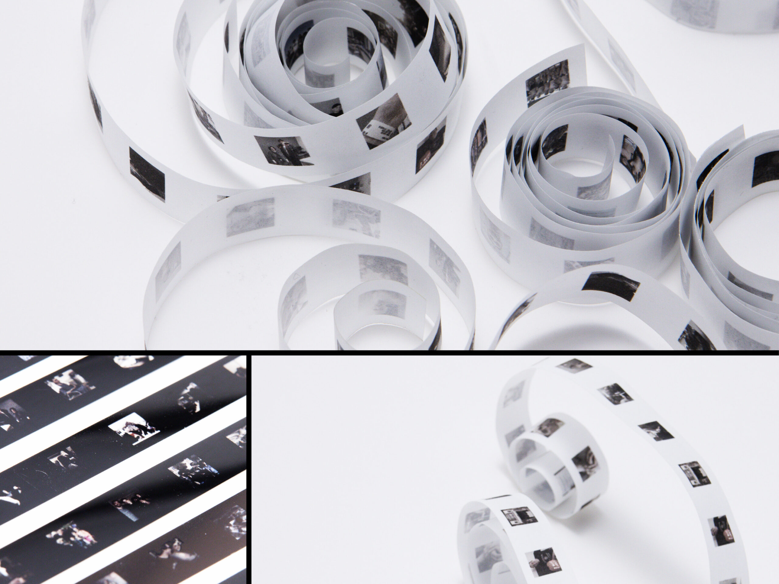 The image features several spirals of paper strips, each printed with a series of black and white photographs. The top portion shows multiple curled strips scattered across a flat surface, while the bottom left corner presents a close-up of more spirals of paper on a contrasting black background, showcasing similar imagery. Overall, the composition highlights the unique presentation of photographic prints in a creative, curled format.
