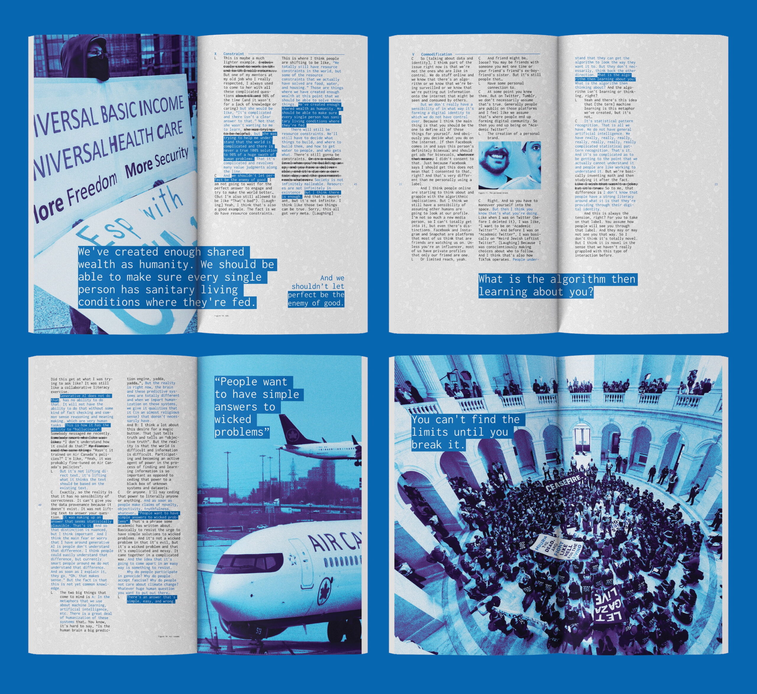 A visually striking graphic layout featuring a combination of text and imagery. The top left shows a protest sign advocating for universal basic income and healthcare. The top right displays text discussing shared wealth and social issues. The bottom left includes an image of an airplane with text on simple solutions to complex problems. The bottom right depicts a large gathering in a government building, conveying activism around breaking limits. The overall color scheme is predominantly blue with highlighted text.