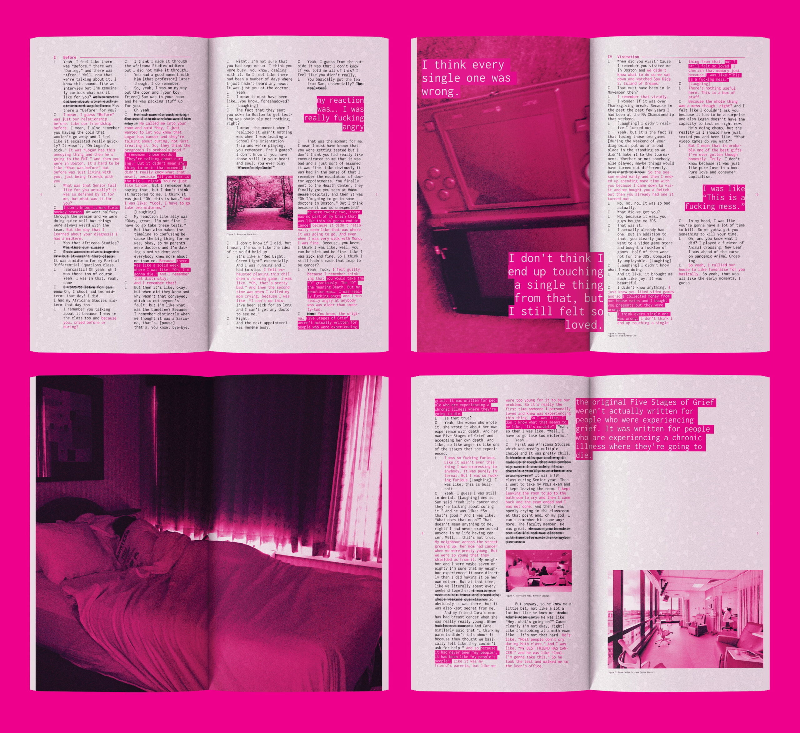 A vibrant, multi-panel image featuring excerpts from a text in bold pink font against a pale background. The pages include personal reflections and feelings about experiences, accompanied by a photograph of a camera and other visuals. In the bottom left, a person lies in bed, partially visible, with natural light coming through a curtain. The overall color scheme is predominantly pink with a slightly grainy texture.