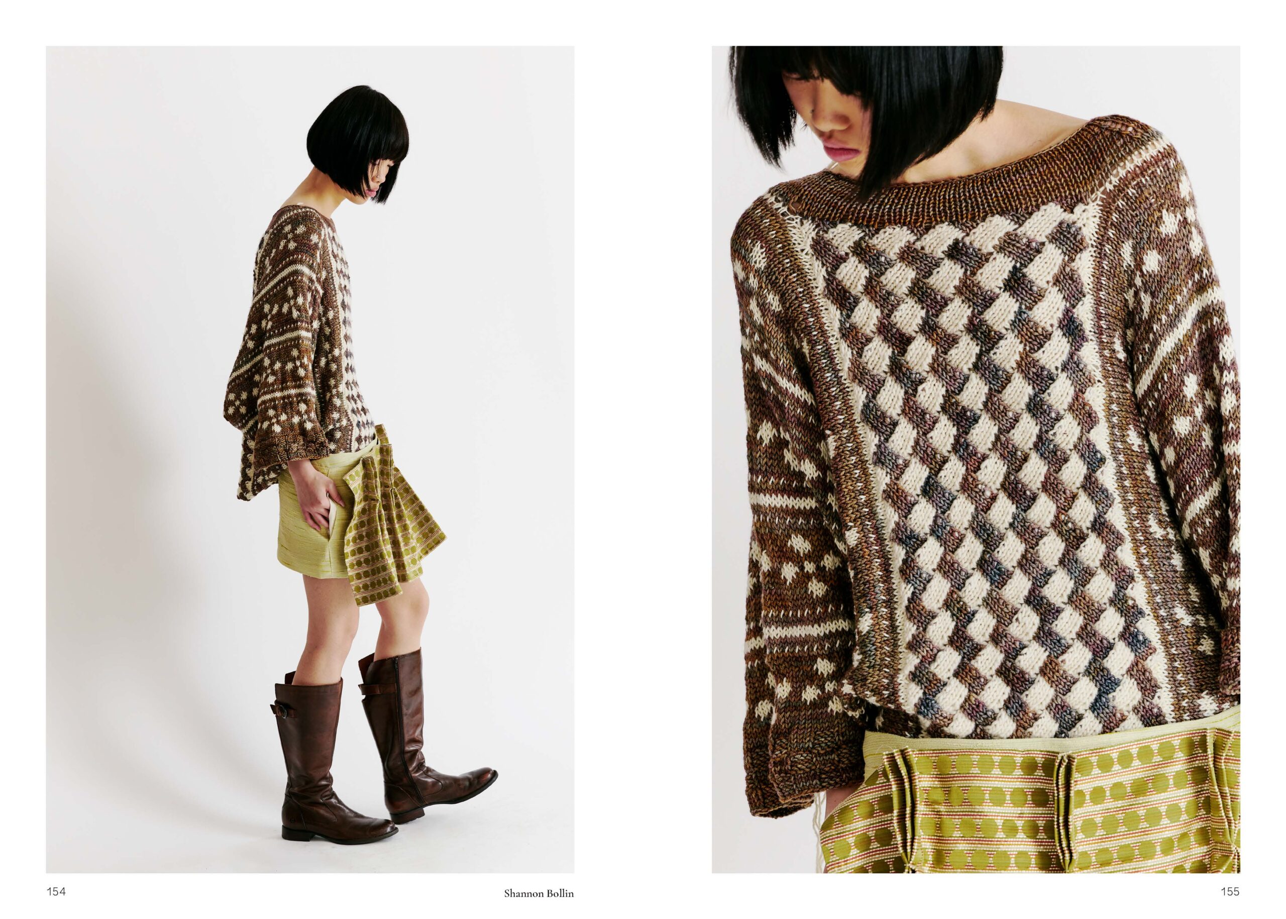 A model stands in profile wearing a patterned, oversized brown and cream sweater with bell sleeves. She pairs the sweater with a textured green skirt. The model has short black hair and wears brown knee-high boots. The background is plain white, and the image is divided into two sections, showcasing different angles of the outfit.