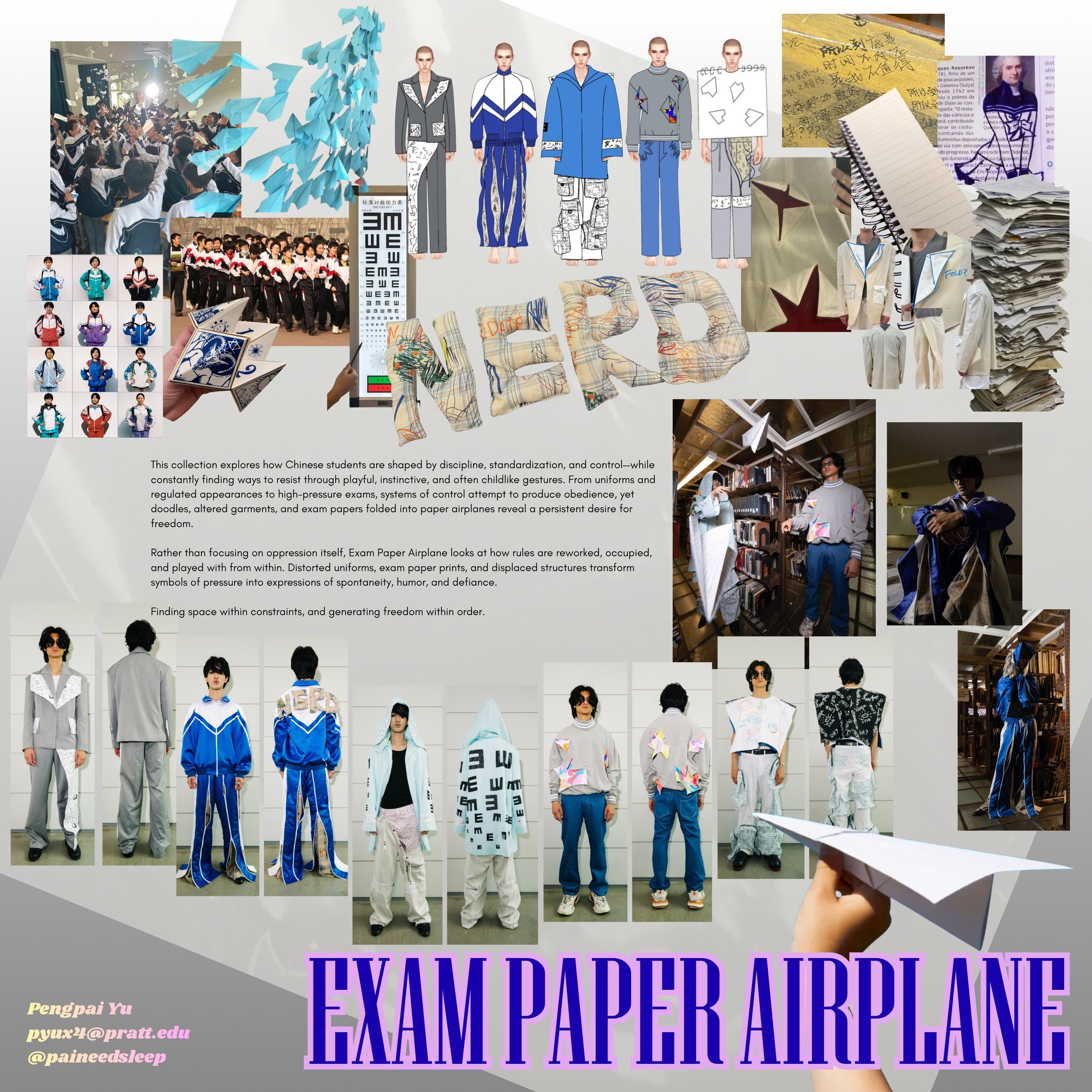 A collage featuring various fashion designs and sketches inspired by the theme "Exam Paper Airplane." The collection includes images of models wearing unique outfits that incorporate elements like paper airplanes, school uniforms, and altered garments. There are design sketches, handwritten notes, and creative installations showcasing the relationship between discipline and play. The title "EXAM PAPER AIRPLANE" is prominently displayed in bold purple text at the bottom.