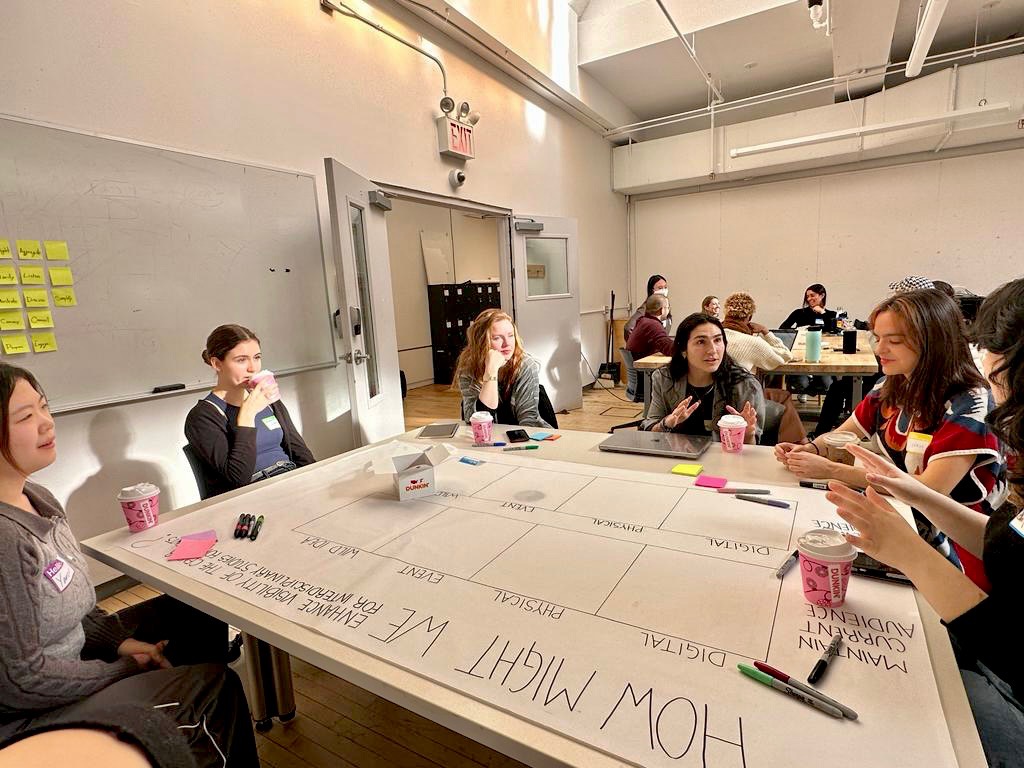 Courtesy of Ethics and Tactics Co-design Course Students. The alt text could say: Staff from The Center for Interdisciplinary Studies and students from the Ethics and Tactics of Co-Design course collaborate around a table to map out ideas on a large poster.