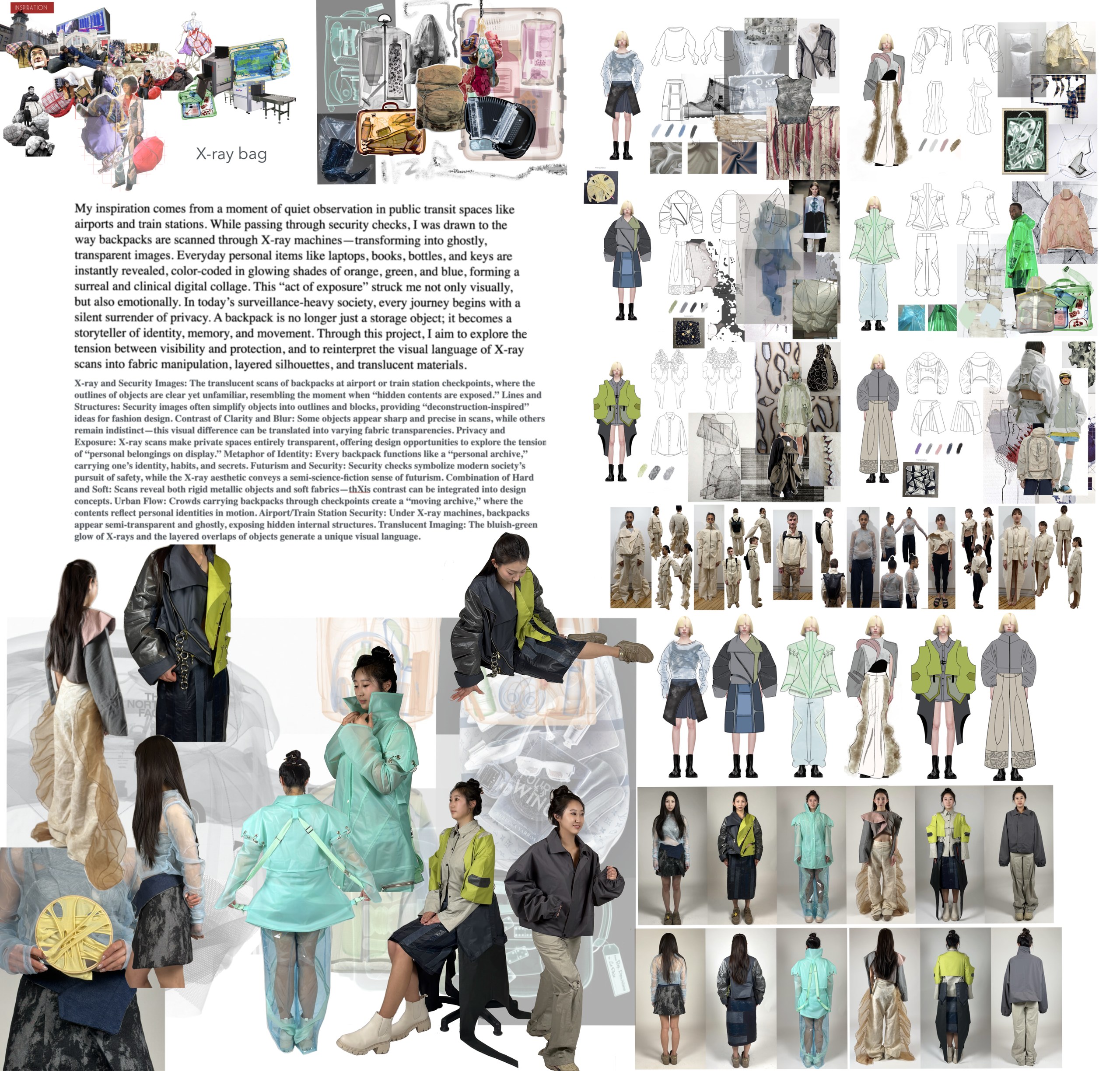 A collage featuring various fashion designs inspired by the concept of X-ray images. The central text discusses themes of identity and privacy in relation to backpacks as objects in surveillance culture. Visuals include sketches, photos of models in layered clothing, and fabric samples showcasing translucent materials, silhouettes, and manipulation techniques. The designs blend modern and futuristic elements, emphasizing how everyday items can convey deeper meanings.