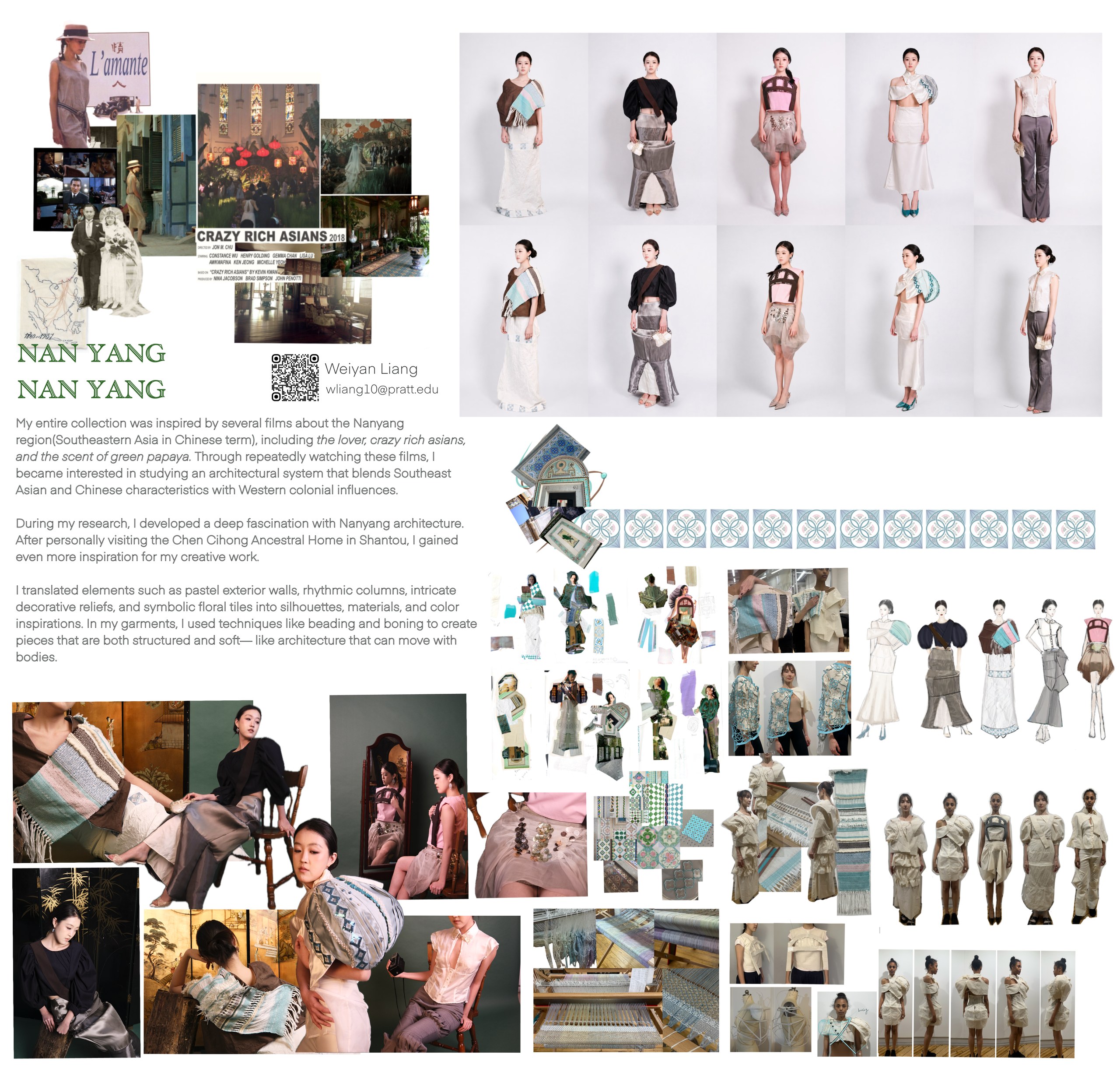 A collage featuring a fashion collection inspired by Nanyang culture, showcasing models in elegant garments that blend Southeast Asian and Western design elements. The layout includes images of models wearing various outfits, sketches, architectural details, and color palettes. Text highlights the creator's influences from films like "Crazy Rich Asians" and experiences in Nanyang architecture, emphasizing the artistic integration of decorative elements and garment structure.