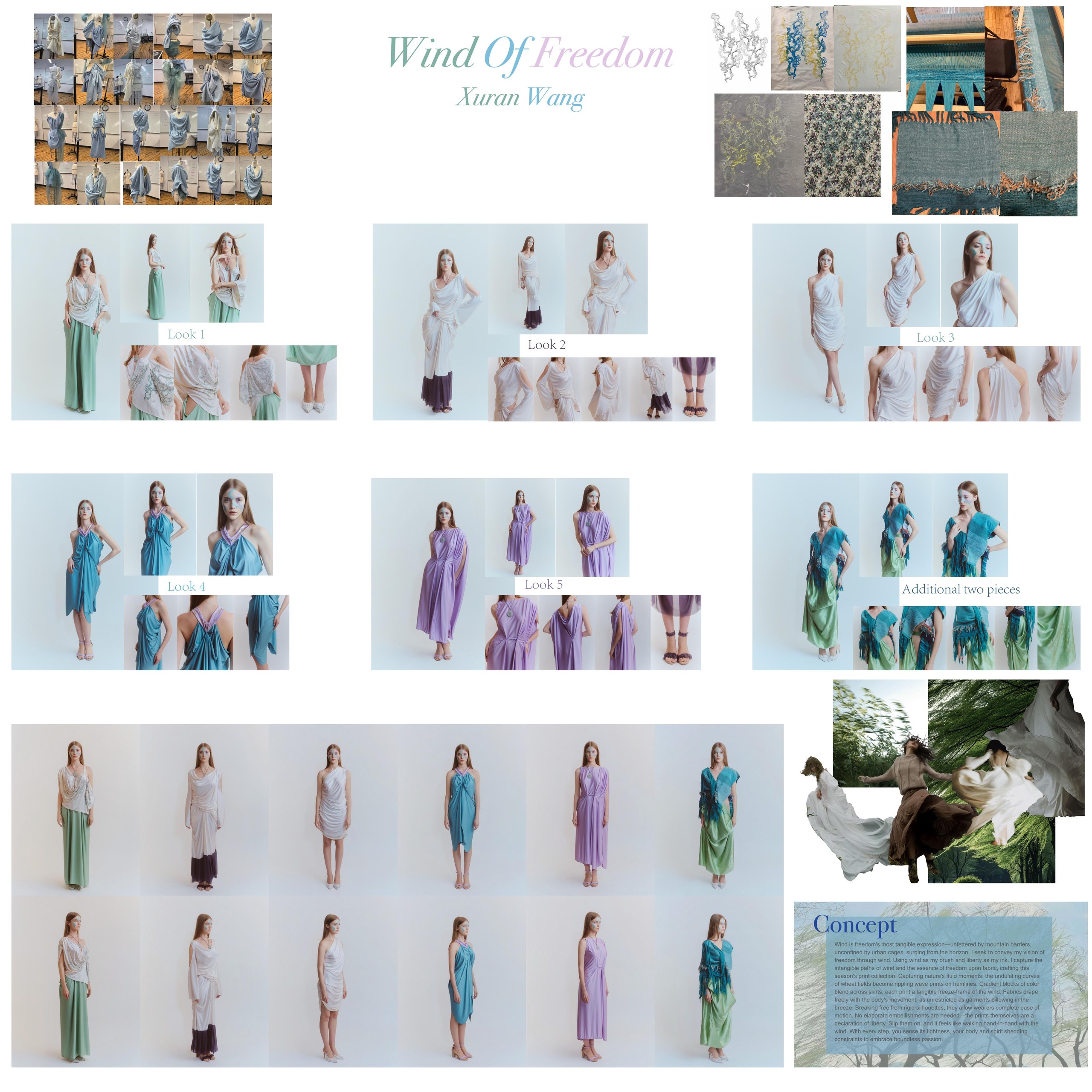 A collage showcasing a fashion collection titled "Wind Of Freedom" by Xuran Wang. It features various looks on a model, with images arranged in sections labeled "Look 1" to "Look 5" highlighting different outfits. The designs include flowing fabrics in shades of green, blue, purple, and white, displayed from multiple angles. Additional fabric swatches and two extra pieces are shown, along with a conceptual visual depicting movement, all set against a minimalist background. Text descriptions accompany the images.