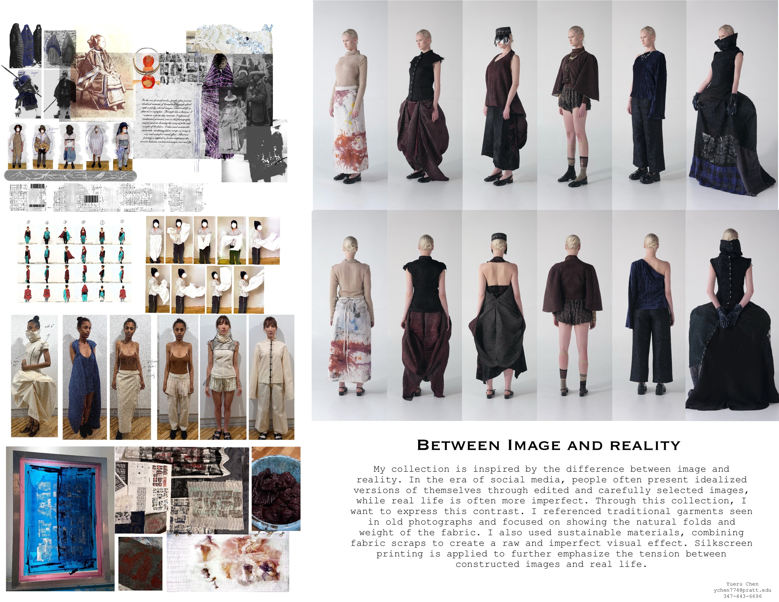 A visual presentation showcasing a fashion collection titled "Between Image and Reality." The layout includes sketches, photographs of models in various garments, and a brief description of the collection's inspiration. The garments exhibit diverse styles and textures, highlighting the contrast between idealized images and real-life imperfections. The text discusses the collection's references to traditional garments and sustainable materials. Overall, it emphasizes the interplay between constructed visual representations and authentic experience.