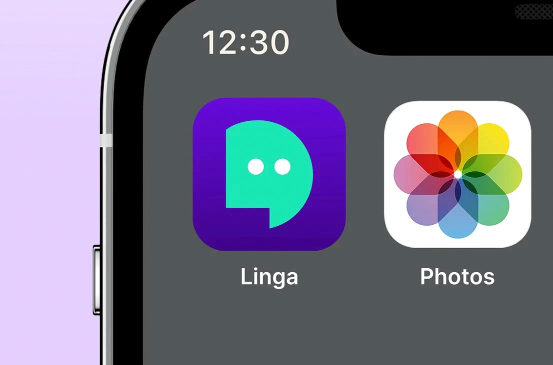 A close-up of a smartphone screen displaying two app icons. On the left, the "Linga" app features a purple background with a green speech bubble and the text "Linga" below it. On the right, the "Photos" app has a multi-colored flower icon with a white background and the text "Photos" below it. The time displayed at the top of the screen is 12:30.
