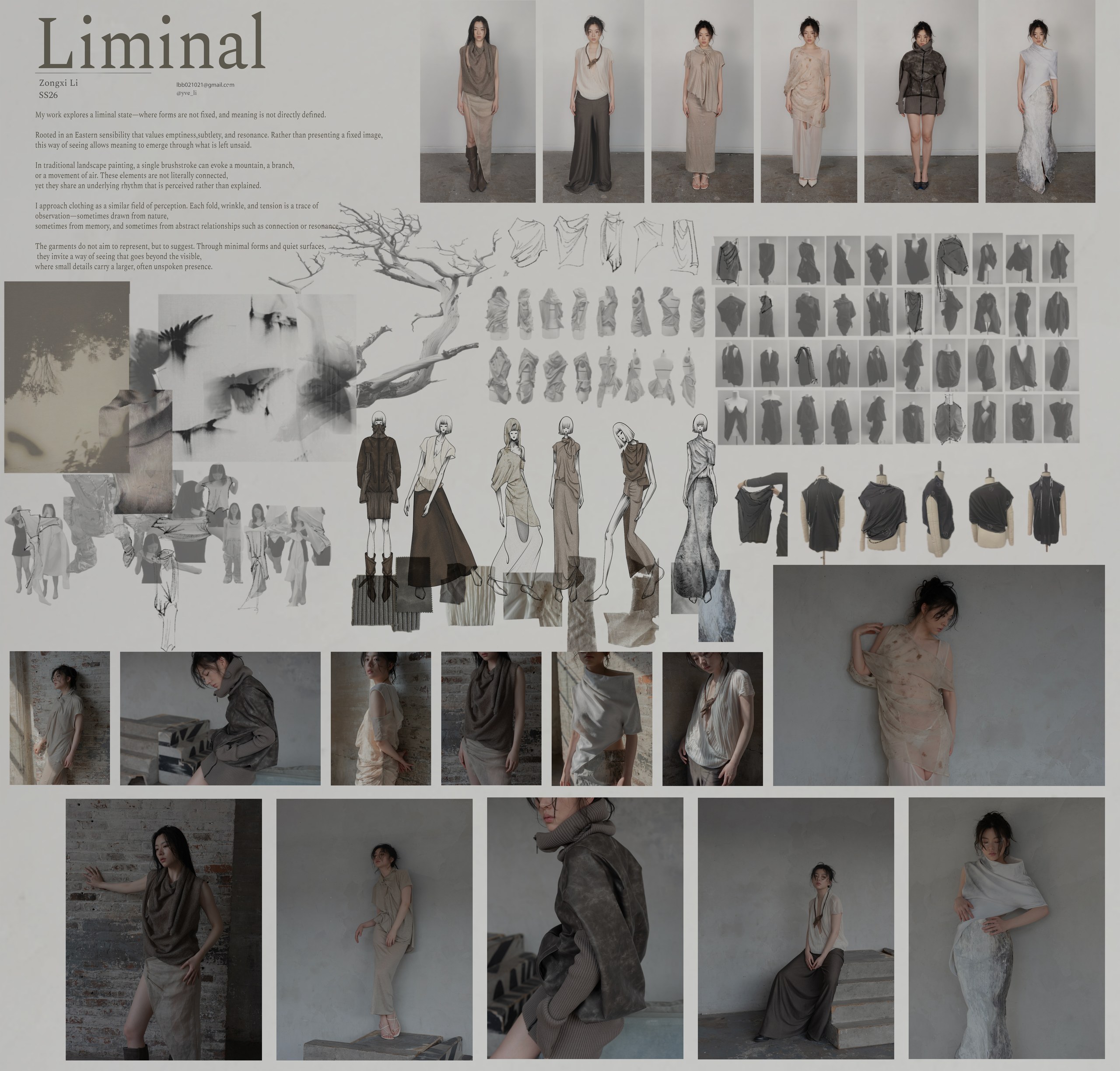 The image features a collage of fashion designs titled "Liminal" by Zongqi Li. It includes photographs of models wearing various garments in soft neutral tones, alongside sketches and design concepts. The background is a mix of textures, and some pieces show fluid and abstract forms. A tree illustration and artist statements emphasize the exploration of transitional forms and the relationship between stillness and movement in fashion.