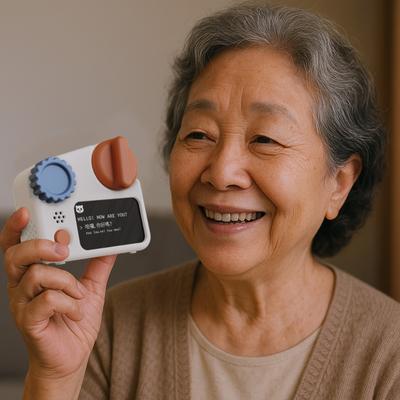 An elderly woman with wavy gray hair smiles while holding a small, colorful device resembling a camera. The device has a blue knob, a reddish-brown button, and a screen displaying text. The background is softly blurred, emphasizing her joyful expression and engagement with the device.