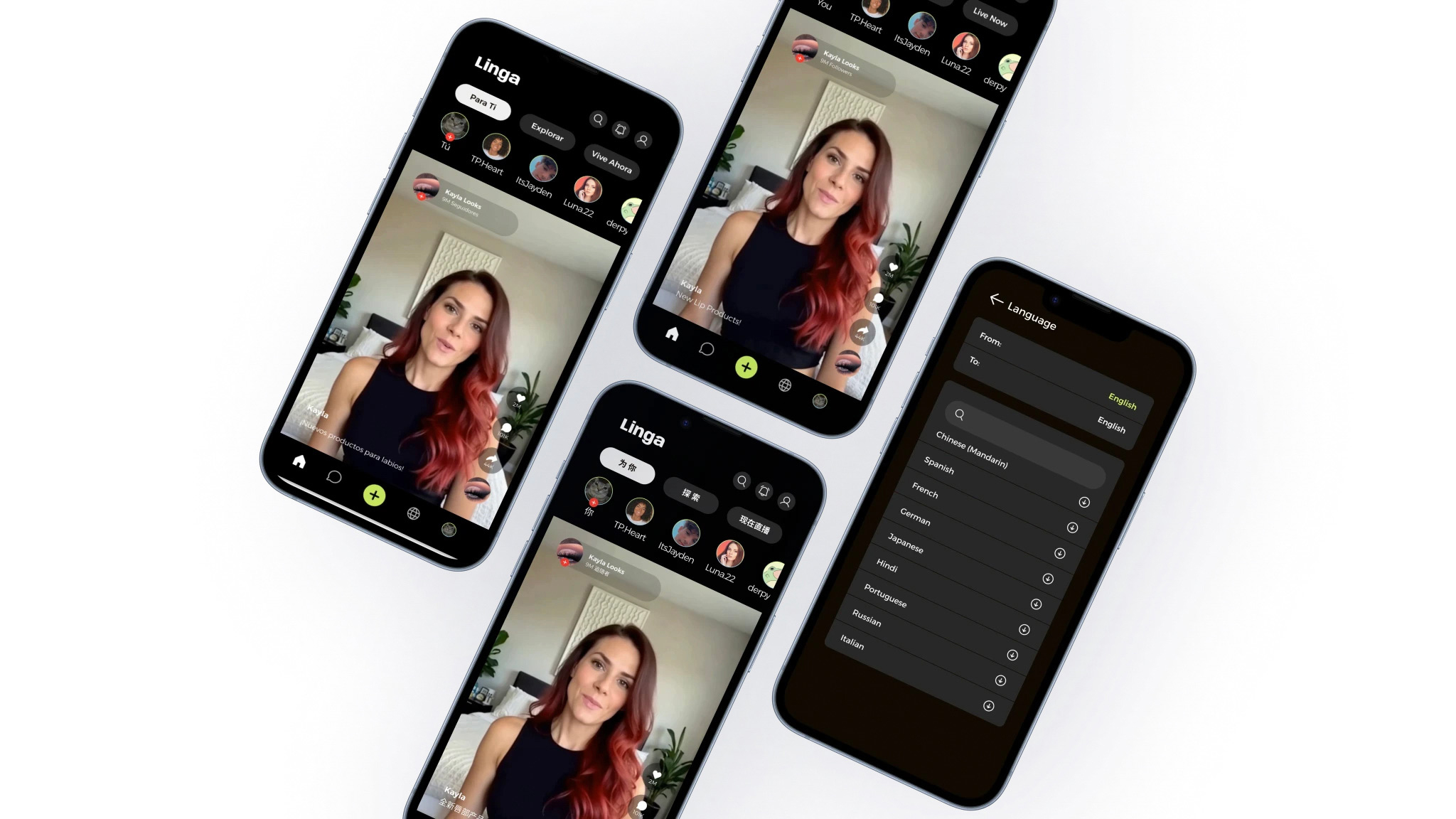 Four smartphones display a video chat interface from an app called "Linga." A woman with long, wavy red hair appears on the screen, engaging with viewers. The screens show various features, including user profiles, friends, and a language selection menu. One phone highlights language options like Spanish and Mandarin, and the interface has a dark background with colorful accents.