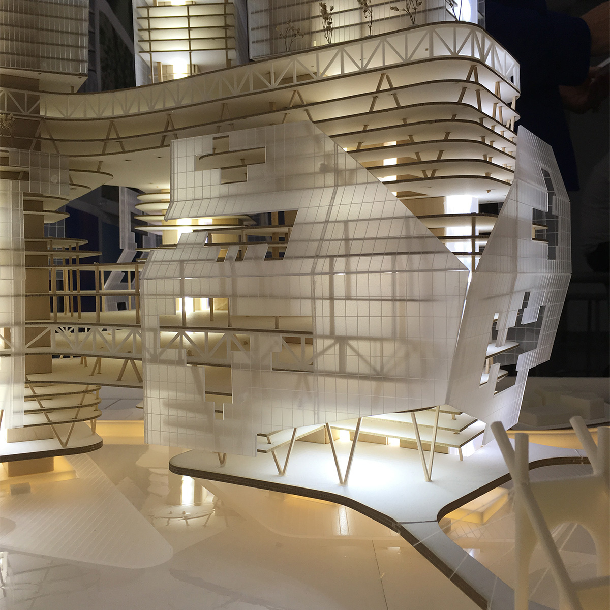 Detail of a white architectural model.