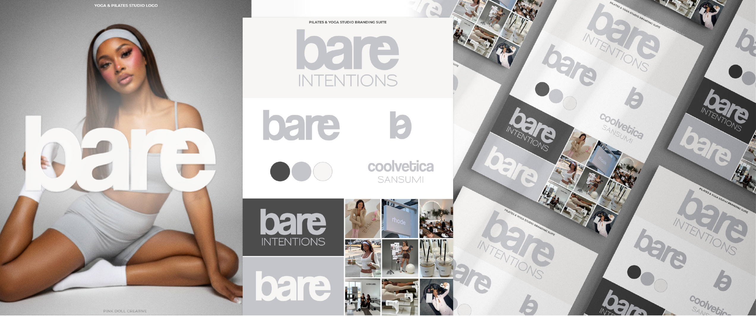 A woman in athletic wear poses with her legs crossed, showcasing a tattoo on her arm, against a light gray background. The left side features the word "bare" in large, bold letters. The right side includes branding elements for a yoga and Pilates studio, with variations of the word "bare," design colors, and images related to fitness activities, all arranged in a sleek layout.