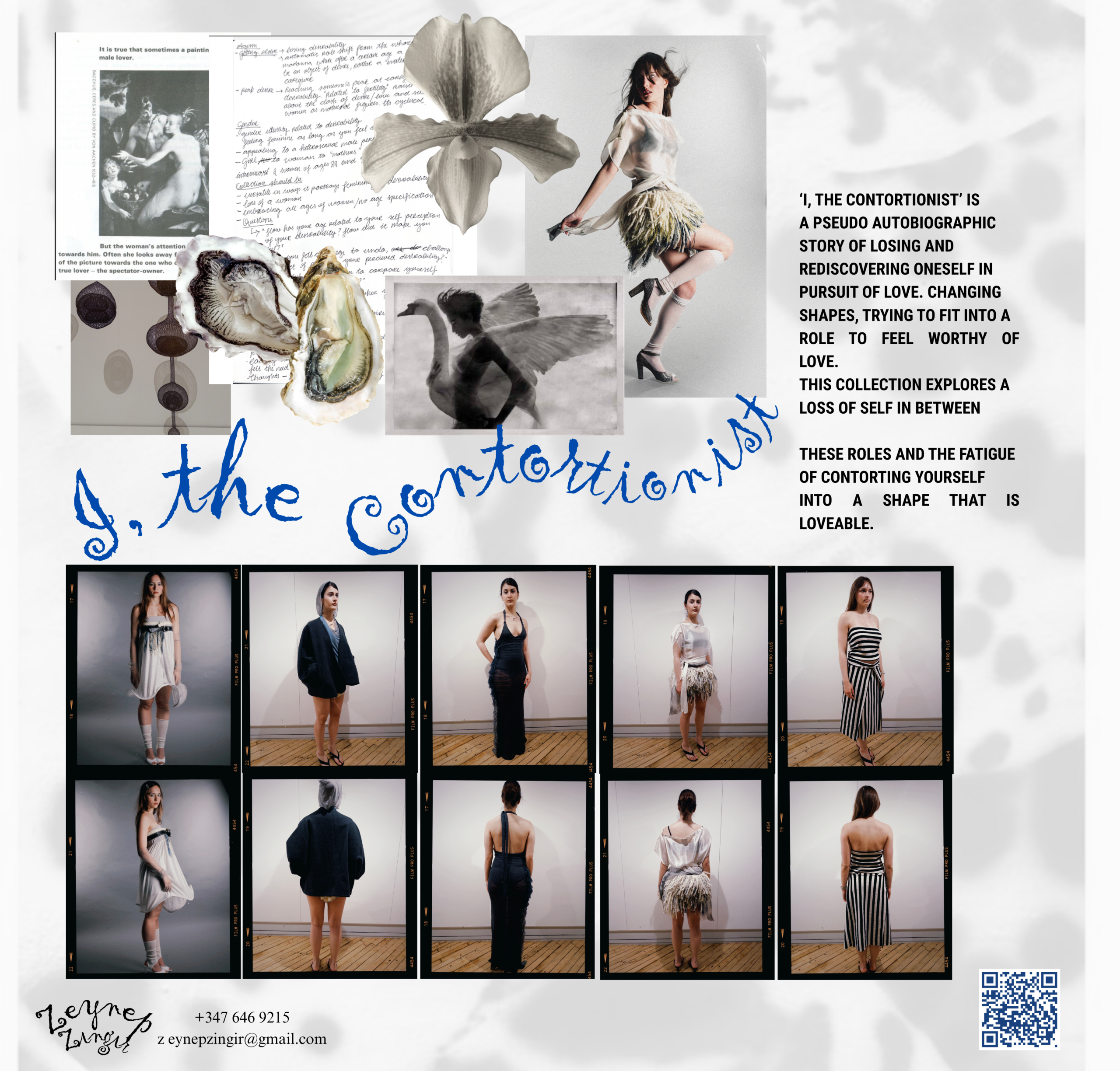 A collage featuring various images and text elements related to the theme "I, the Contortionist." The central text offers a reflective narrative about losing and rediscovering oneself in the pursuit of love, focusing on the fatigue of contorting oneself into a lovable shape. Images showcase a model in different outfits, portrayed from various angles against a neutral background, emphasizing transformation and identity. Additional graphic elements include floral designs and abstract shapes, enhancing visual interest.