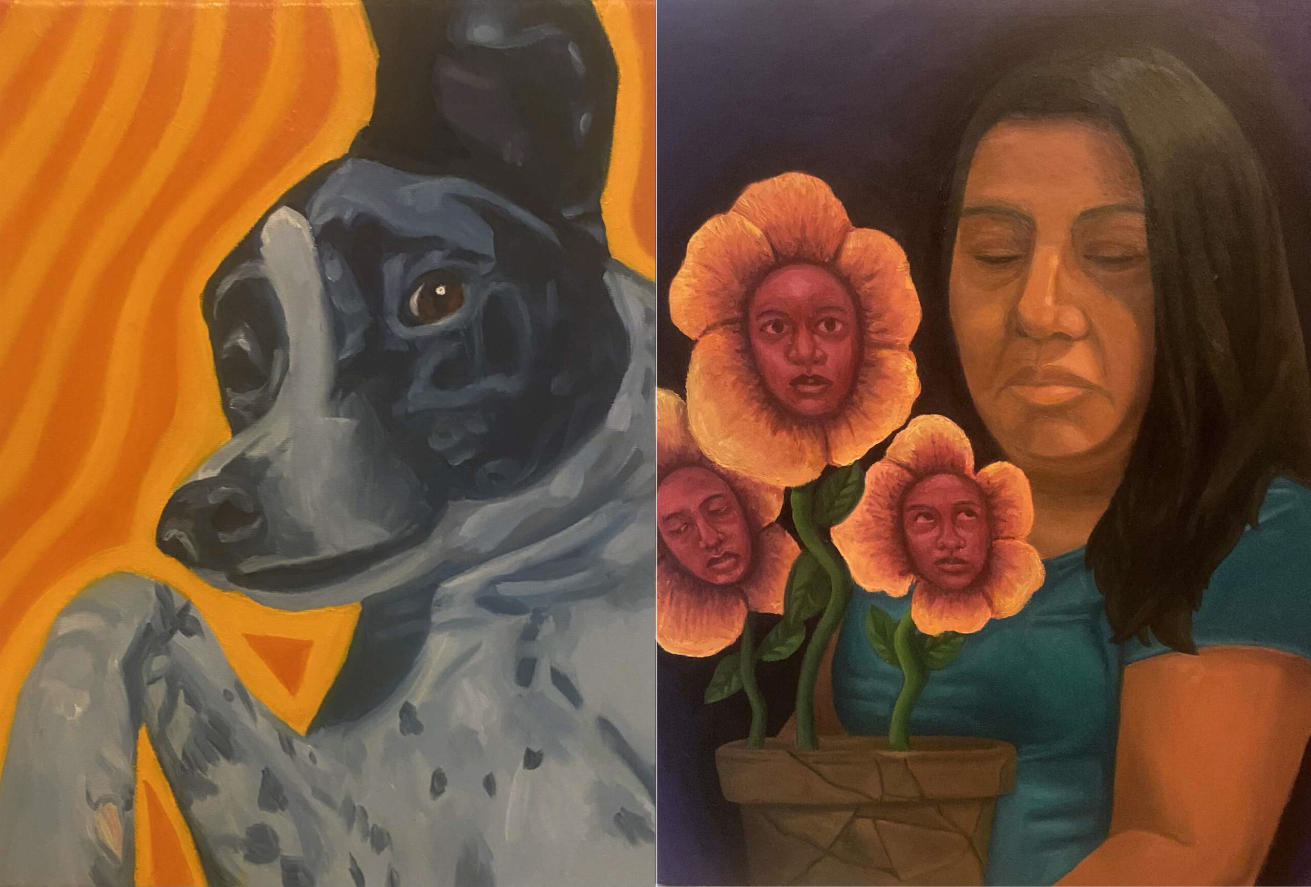 A split image of two paintings. On the left, a close-up of a dog’s face with a black and gray coat against an orange striped background. On the right, a woman with long dark hair, looking thoughtfully at a potted flower. The flowers have faces in the center, painted in shades of pink and orange, with a dark background. The woman is wearing a blue shirt and has a serious expression.