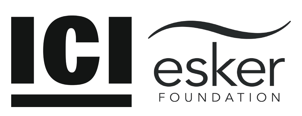 A graphic featuring two logos side by side. On the left, the letters "ICI" are bold and black, accompanied by a horizontal line beneath them. On the right, the "esker" logo is in lowercase black letters with a stylized wave above it, followed by the word "FOUNDATION" in uppercase letters.