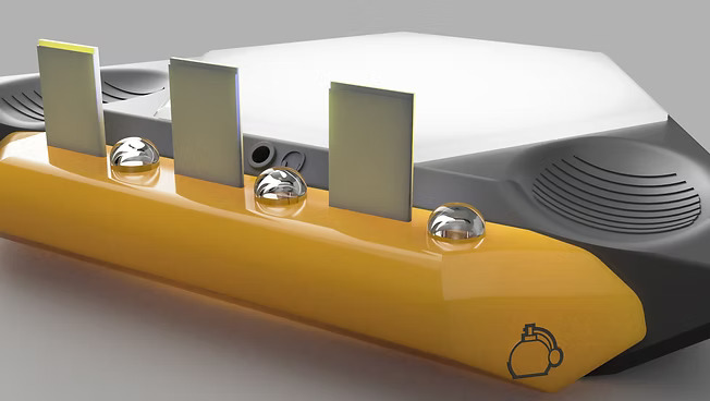 A close-up view of a sleek, hexagon-shaped device featuring a combination of gray and bright yellow colors. The front has three vertical gray panels and two round buttons, while the top surface glows white. It is designed with a subtle logo that resembles a small helmet. The overall shape suggests it could be a piece of technology or an audio device.
