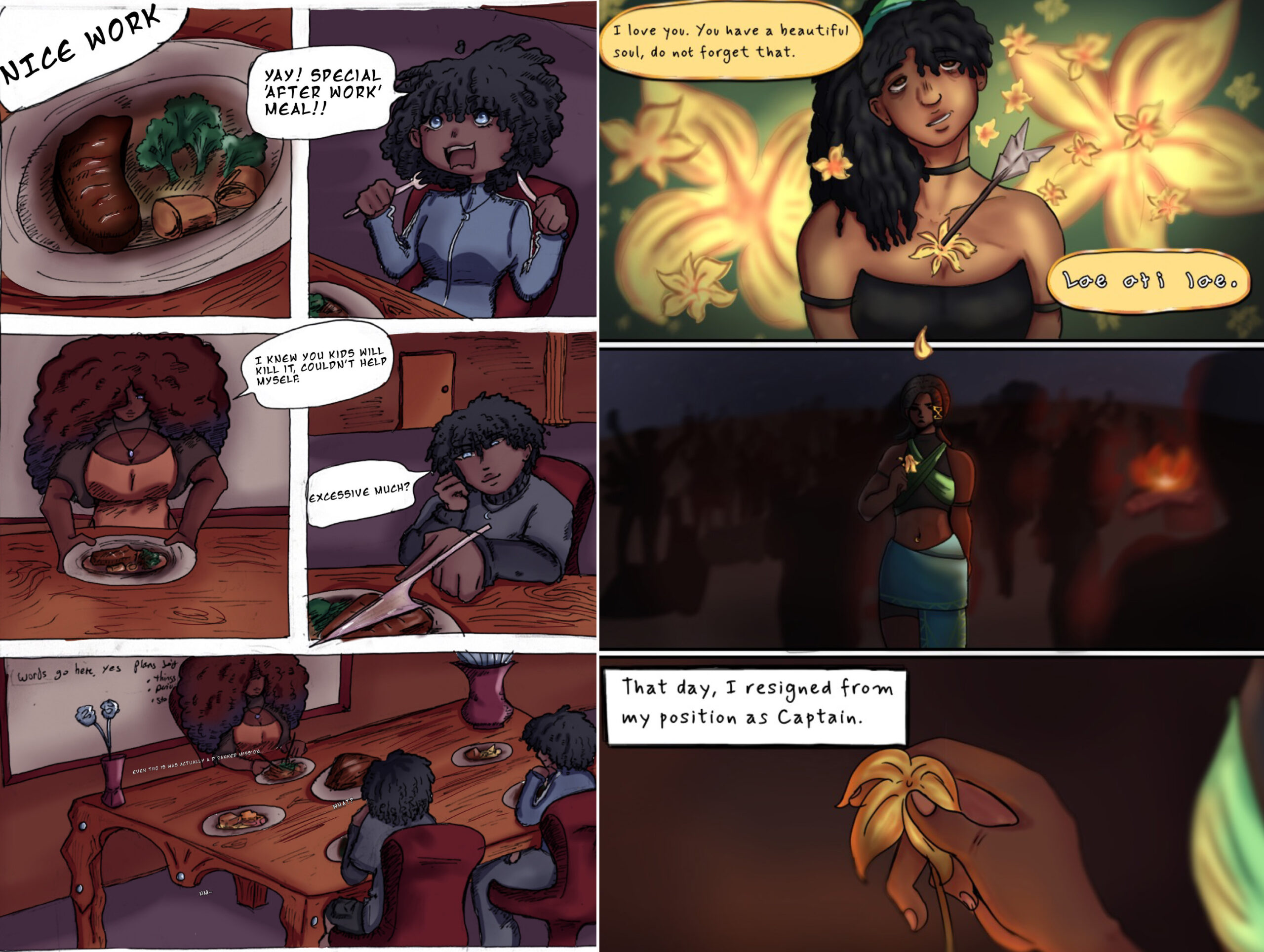 A comic strip featuring several panels. The first panel shows a plate with food, labeled "YAY! SPECIAL 'AFTER WORK' MEAL!!" with a character joyfully reacting. The second panel depicts a conversation about the meal. The third shows two characters at a table, one eating while the other seems pensive. The final panels reveal a character holding a flower and expressing a heartfelt message, ending with the character contemplating a resignation from a Captain position.