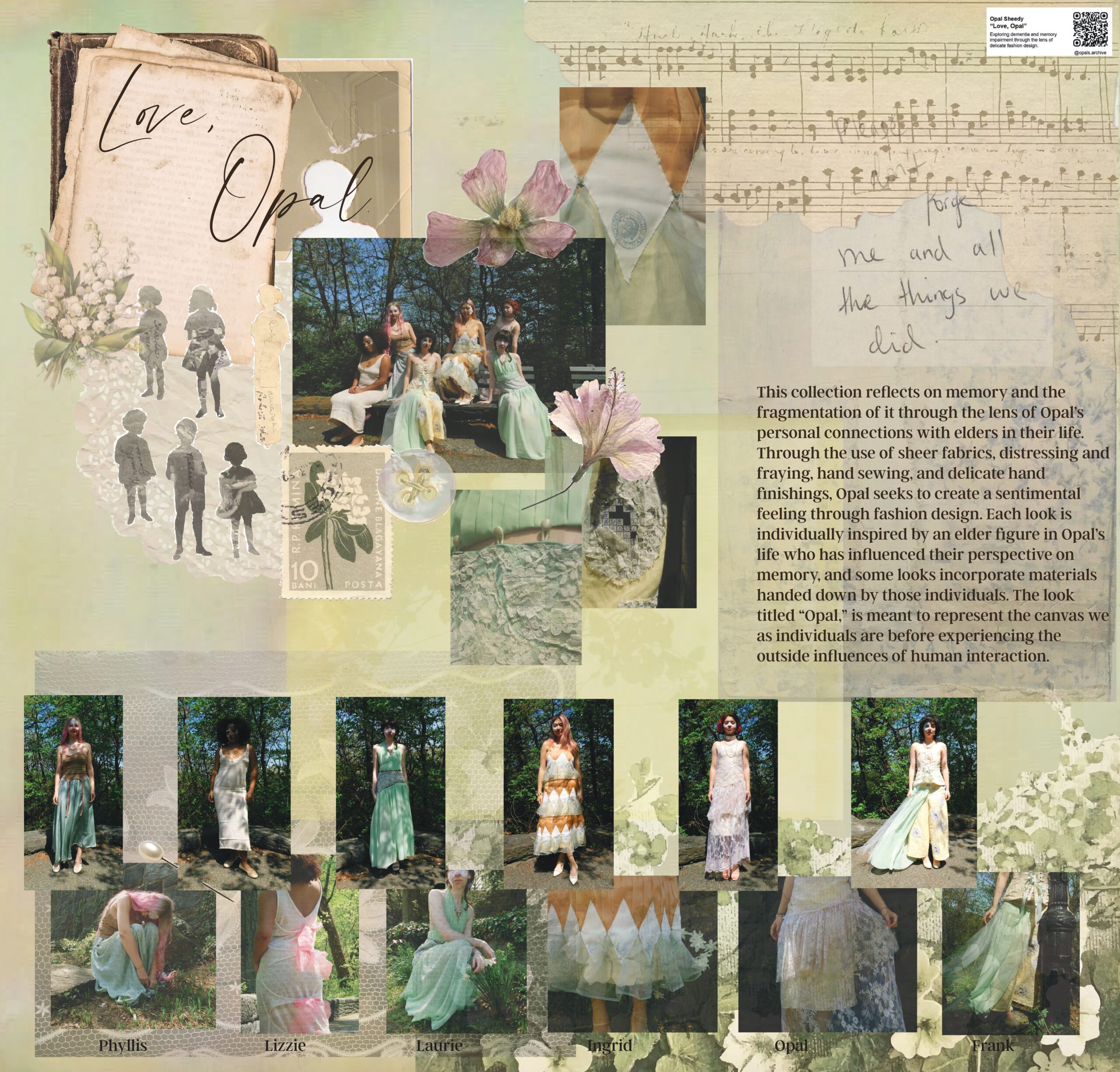 A collage featuring various images and design elements. In the center, five models pose in light, flowing dresses in a natural setting. Surrounding them are sketches of children, floral elements, and handwritten notes about memories and influences. Different fabric textures and patterns are showcased, along with individual names for each model. The colors are soft and pastel, creating a dreamlike ambiance. The overall theme emphasizes personal connections and the impact of memories through fashion design.