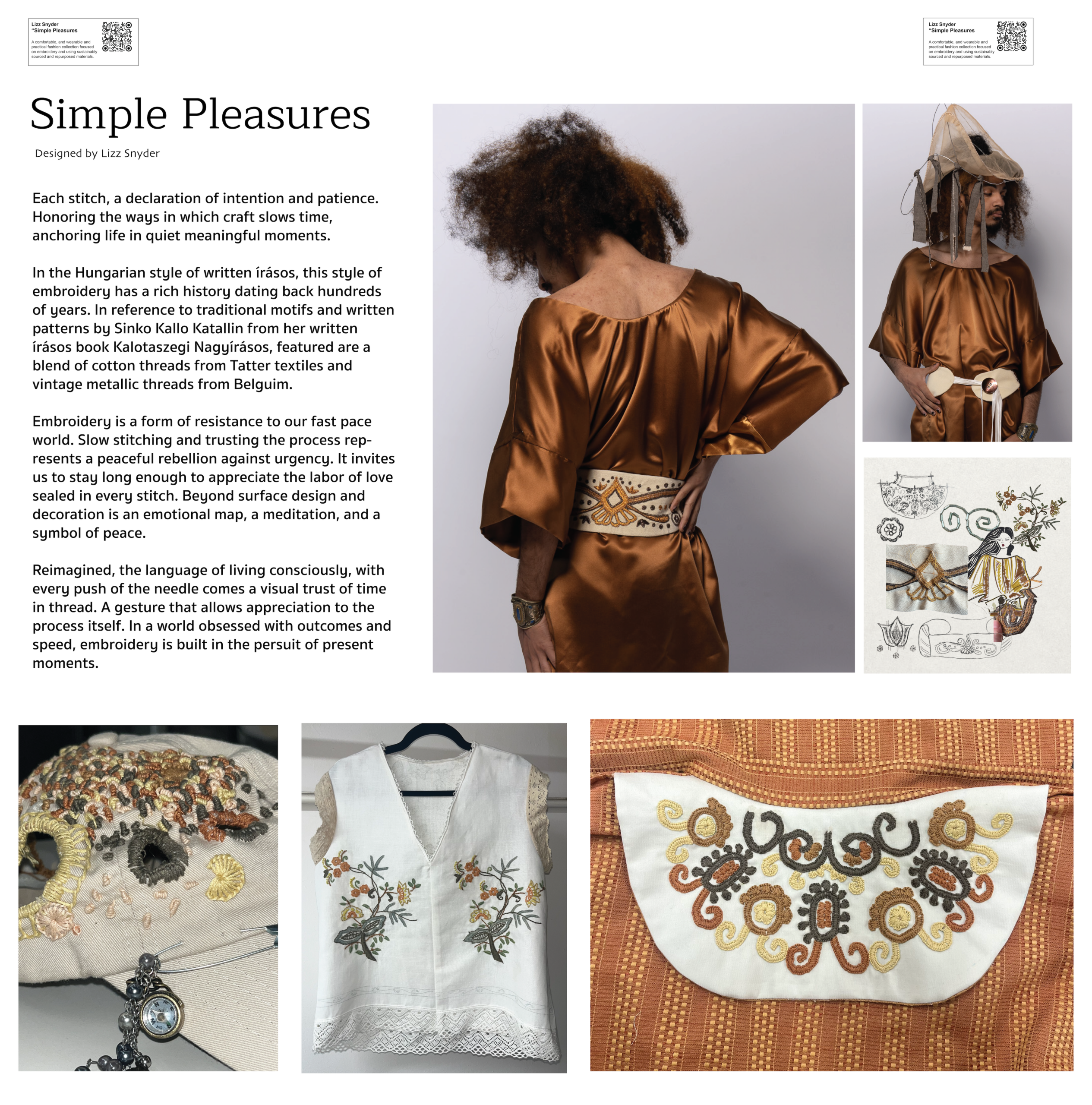 A collage featuring various aspects of embroidery and clothing design. On the left, a close-up of colorful embroidered patterns on fabric. In the center, a white garment with floral embroidery is displayed on a hanger, and the right side shows an orange garment with a decorative embroidered collar. Above, an individual wearing a shiny brown garment with an embroidered belt is captured from two angles. Text on the left discusses the history and significance of embroidery.