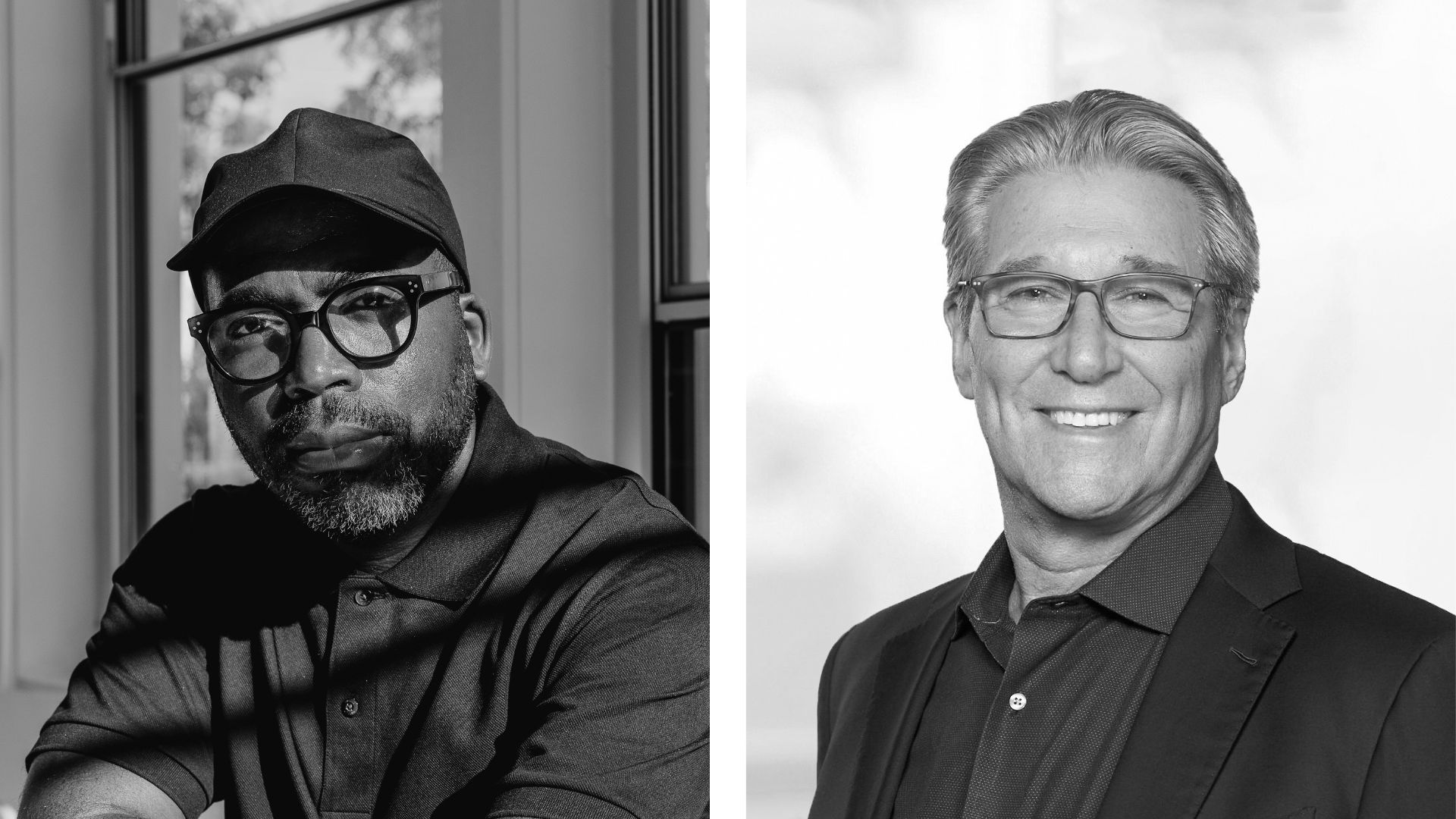 A split image featuring two men. On the left, a man with a beard, wearing round glasses and a black cap, gazes directly at the camera. The background shows sunlight filtering through a window. On the right, a smiling man with gray hair, wearing glasses and a black blazer, stands against a light background. Both images are in black and white.