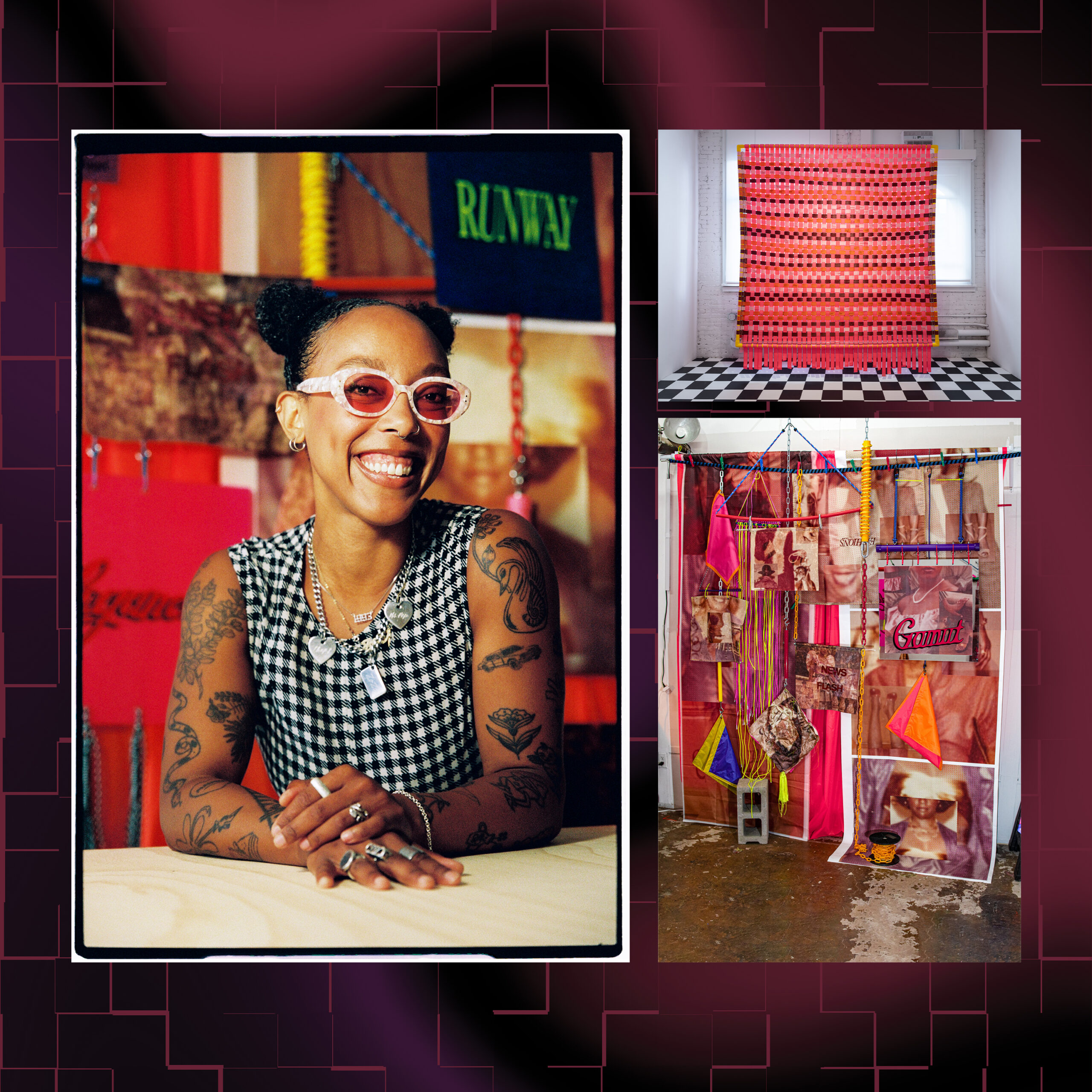 Three images on a dark purple and magenta wavy gradiated background in a tiling pattern. The largest image is on the left, a vertical portrait of a woman wearing her hair in buns, white sunglasses, and a black-and-white checkered tank top. She has a number of tattoos on both her arms, and has a large smile. She appears to be well-lit with an artwork behind her. The top right photo features a square, pink and orange woven work hanging in the center of a well-light, white room, with a black-and-white checkered floor. The bottom right photo is of a large, textile work with different layered fabrics in pinks, purples, and oranges.