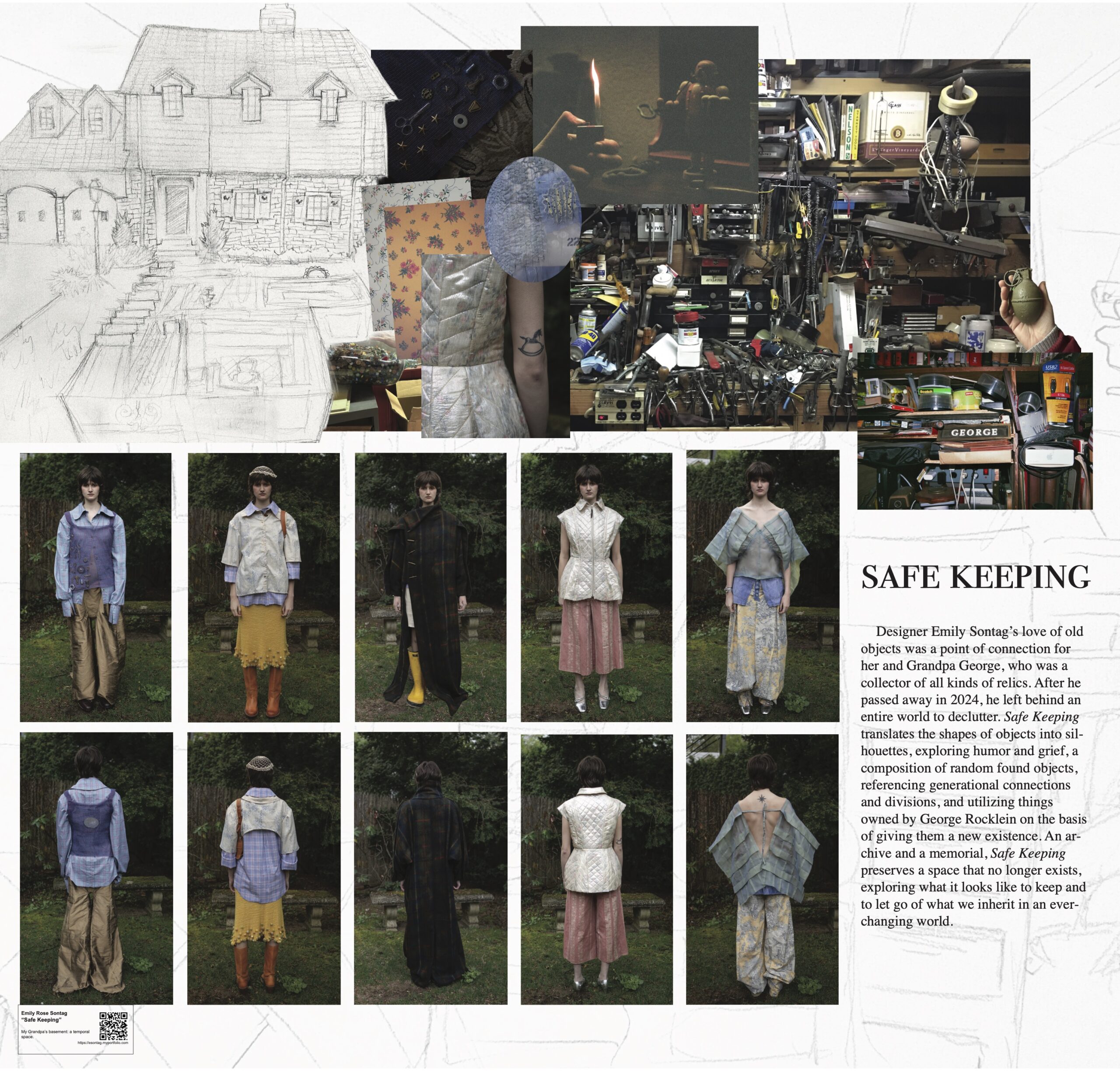 A collage showcasing the project "Safe Keeping," which features a sketch of a house, images of old objects, and a candle. Below, there are photos of a fashion collection modeled against a natural backdrop, highlighting various outfits made from unique materials. The text describes designer Emily Sontag's connection to her late grandfather and the themes of memory and preservation in her work. The layout combines visual and textual elements to convey the artistic concept.