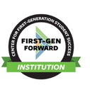 Logo featuring the text "First-Gen Forward Institution" at the center. The design includes a triangular graphic with green, blue, and gray colors, combined with a black circular border. Below, there is a green ribbon with the word "INSTITUTION." The full title above reads "Center for First-Generation Student Success."