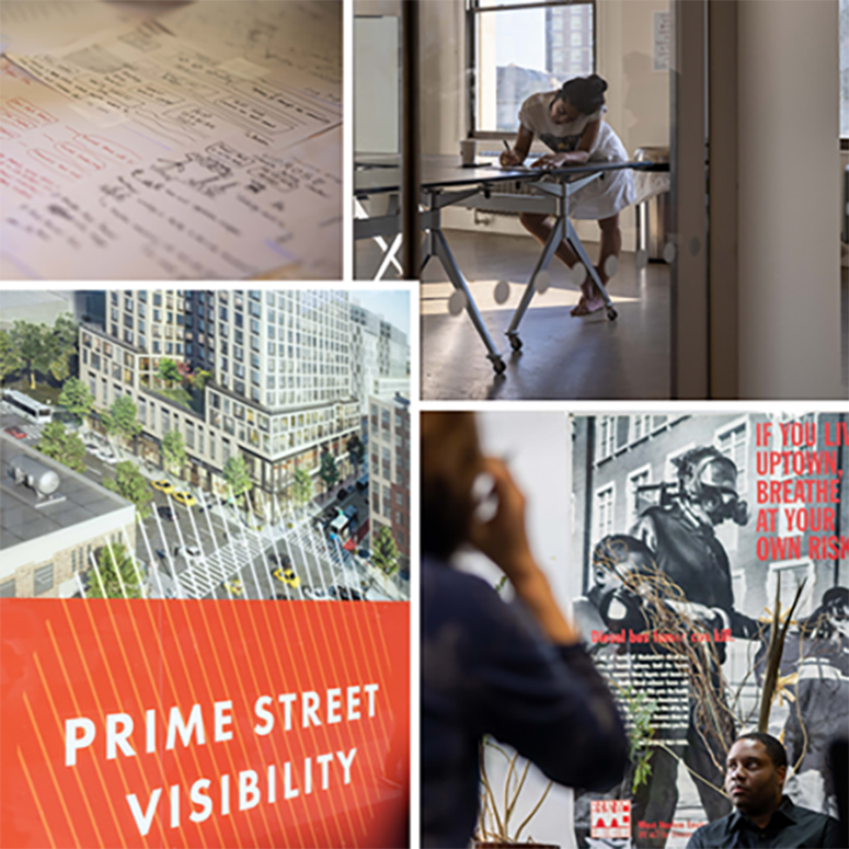 Collage of photos: participatory planning documents, a student working at a table, man sitting in front of a poster, and a sign that includes a photo of a building and the text 